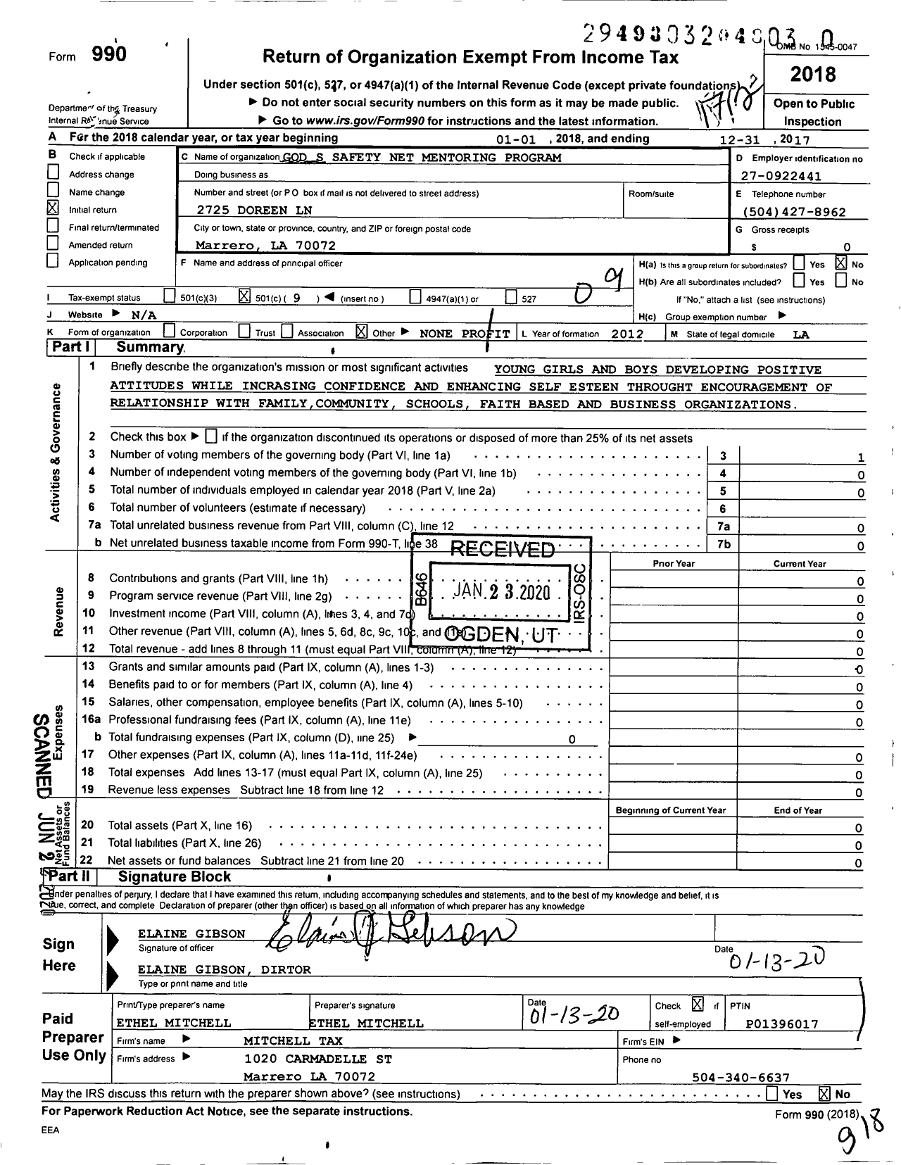 Image of first page of 2017 Form 990O for Gods Safety Net Mentoring Program