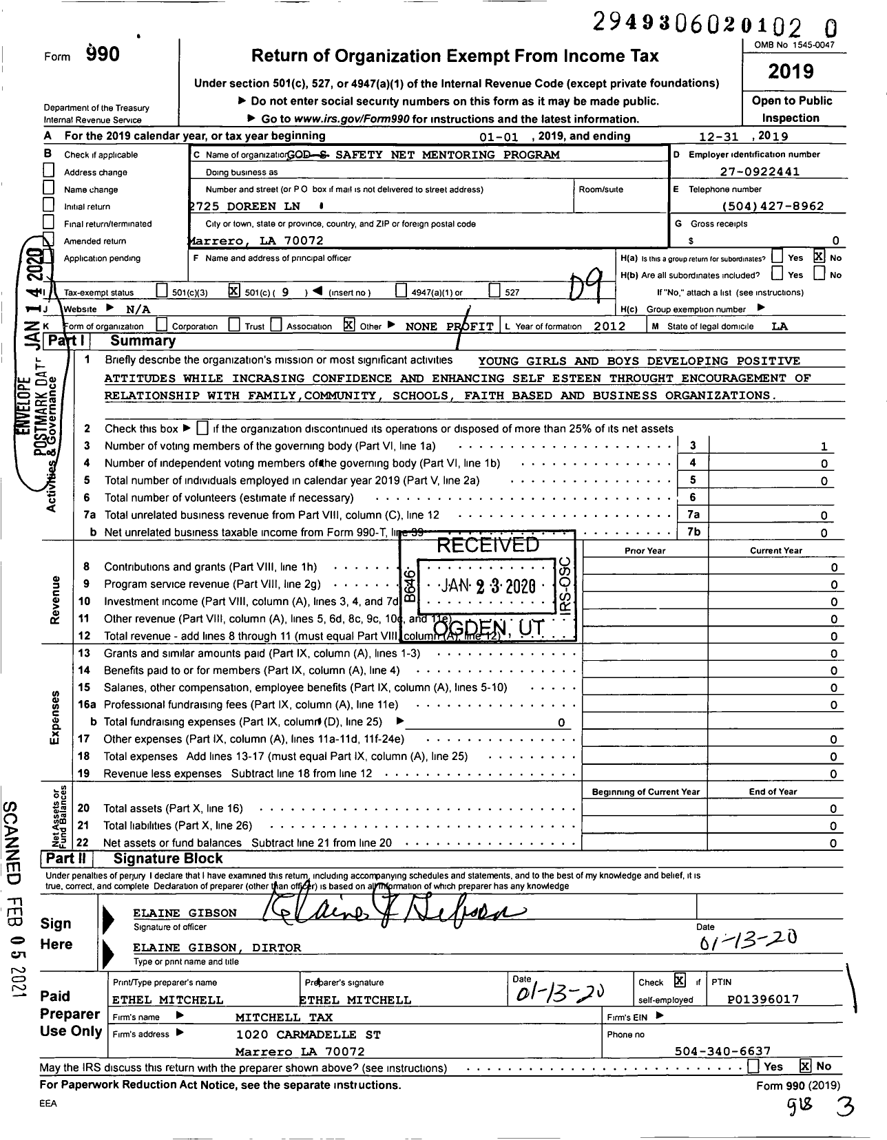 Image of first page of 2019 Form 990O for Gods Safety Net Mentoring Program