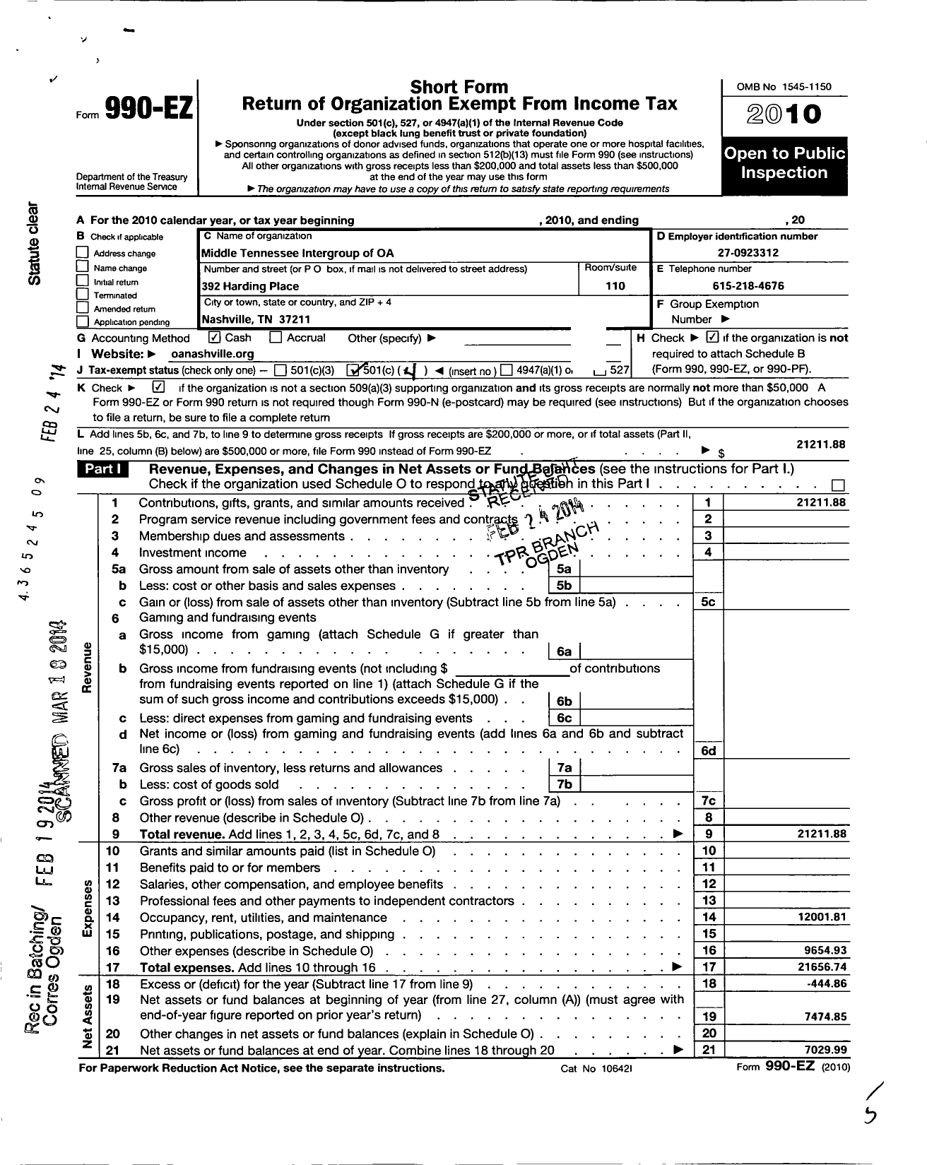 Image of first page of 2010 Form 990EO for Middle Tenneess Intergroup of Oa