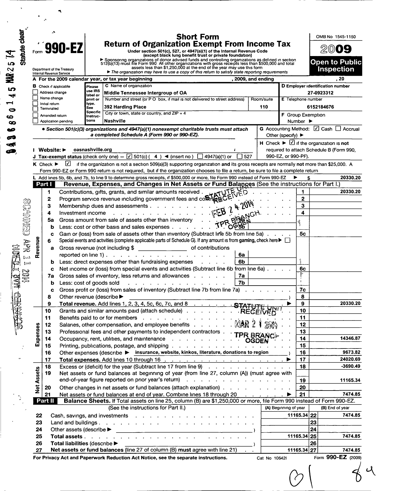 Image of first page of 2009 Form 990EO for Middle Tenneess Intergroup of Oa