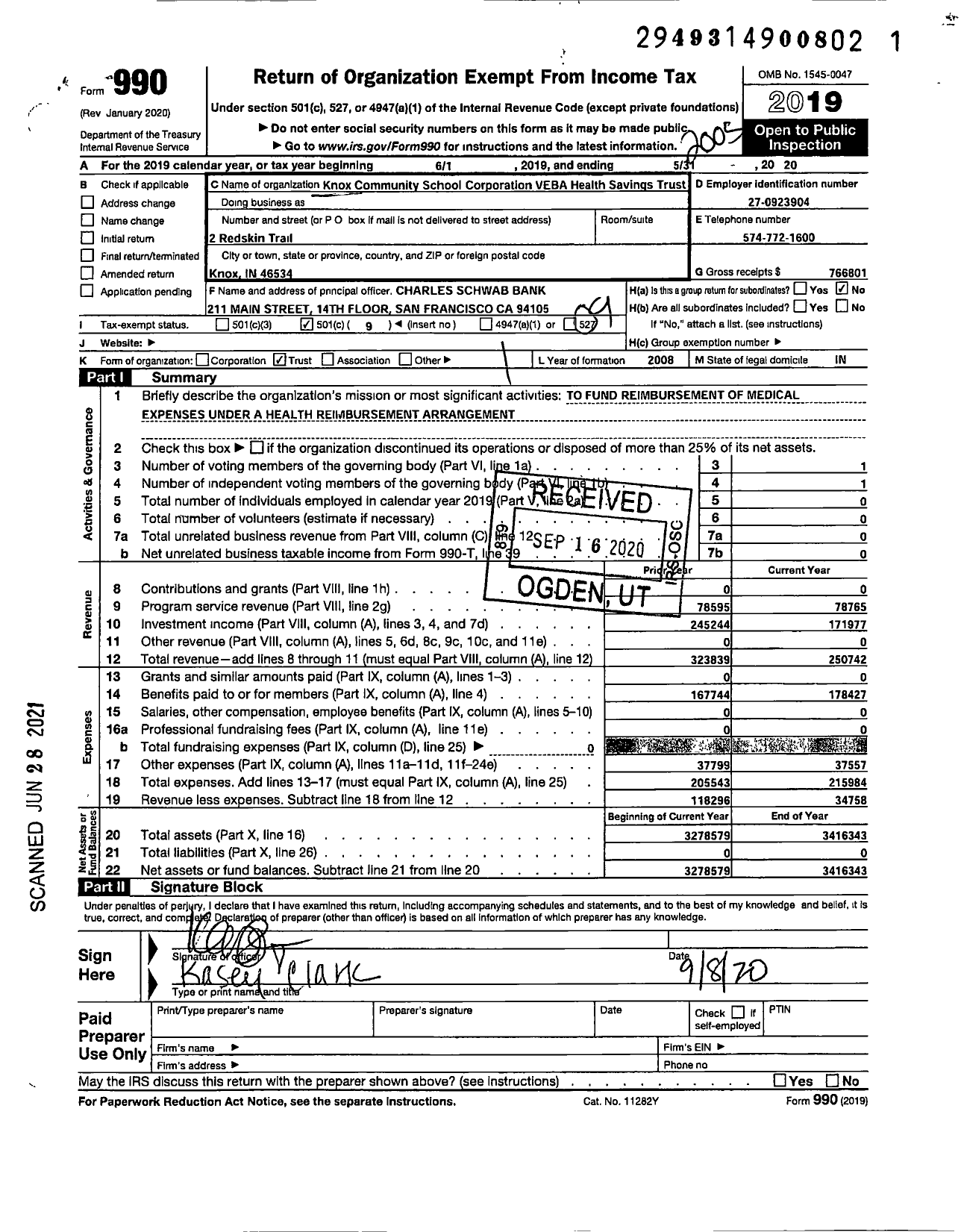 Image of first page of 2019 Form 990O for Knox Community School Corporation Veba Health Savings Trust