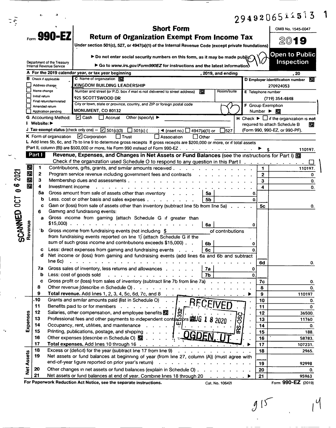 Image of first page of 2019 Form 990EZ for Kingdom Building Leadership Ministries