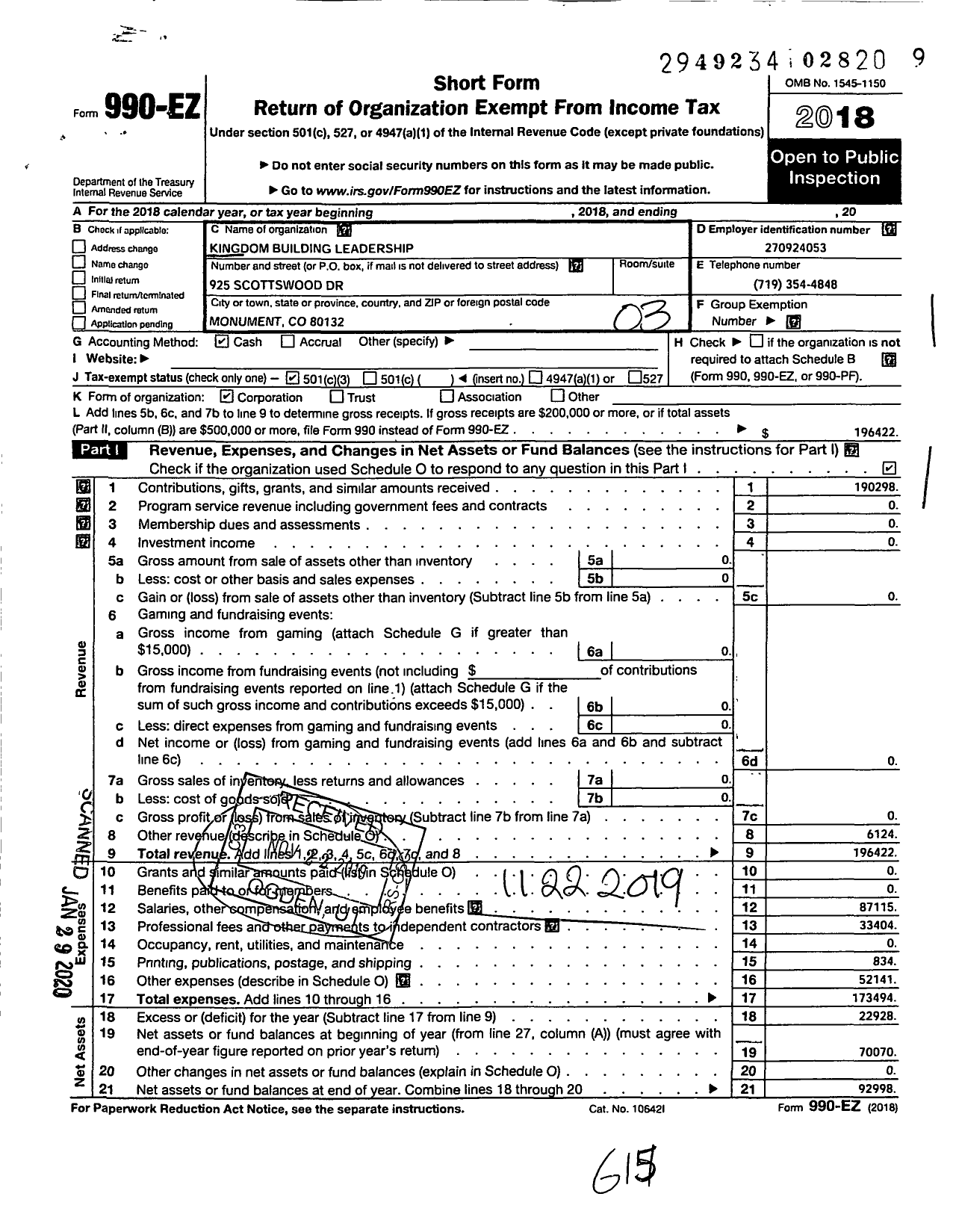 Image of first page of 2018 Form 990EZ for Kingdom Building Leadership Ministries