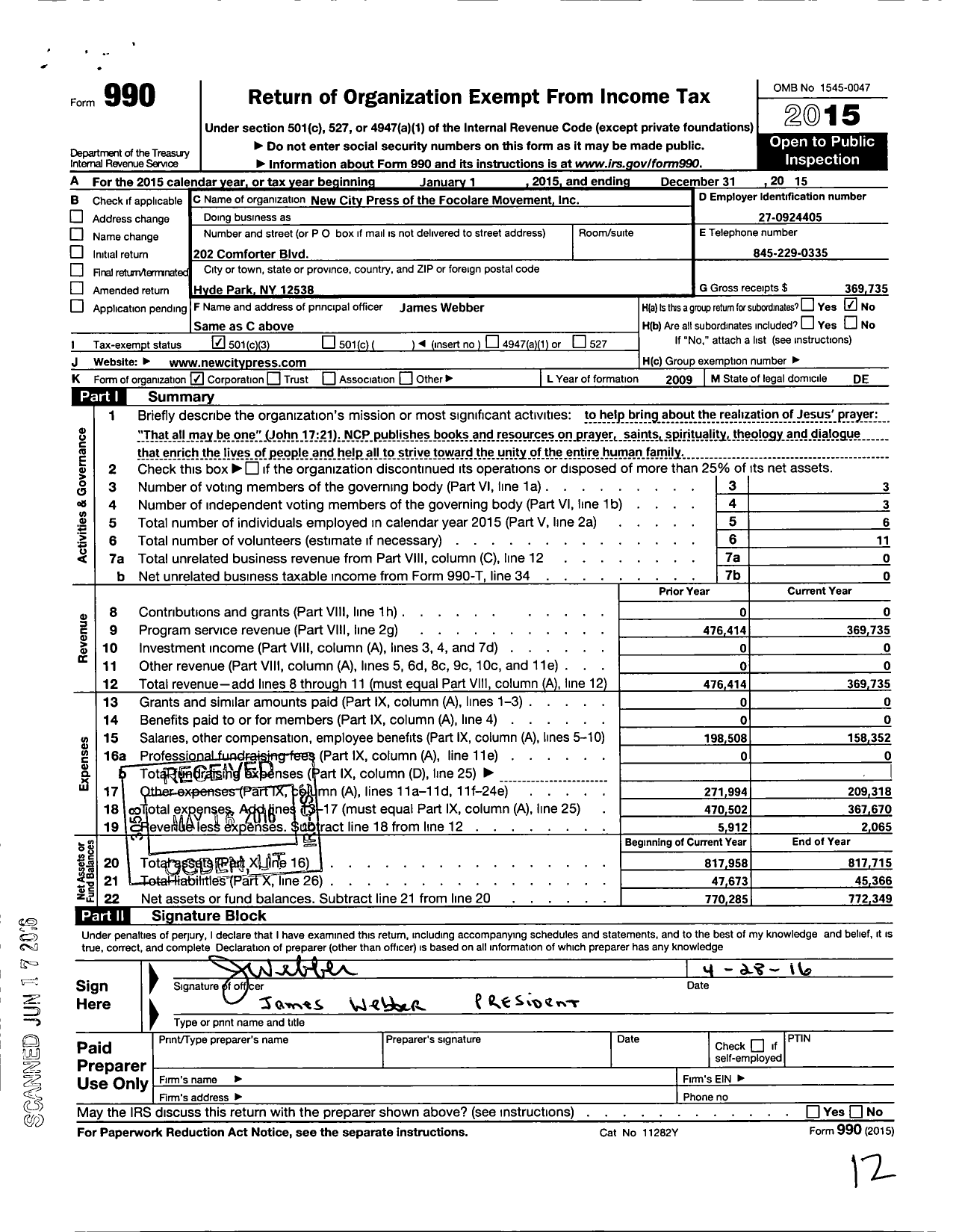 Image of first page of 2015 Form 990 for Focolare Media