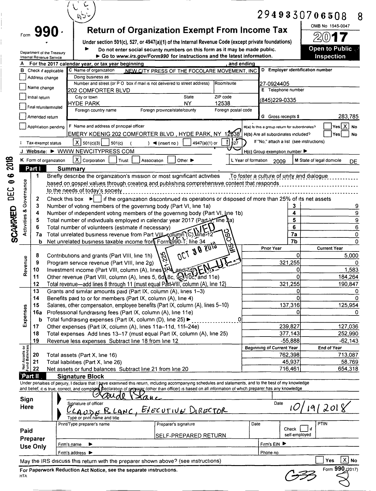 Image of first page of 2017 Form 990 for Focolare Media