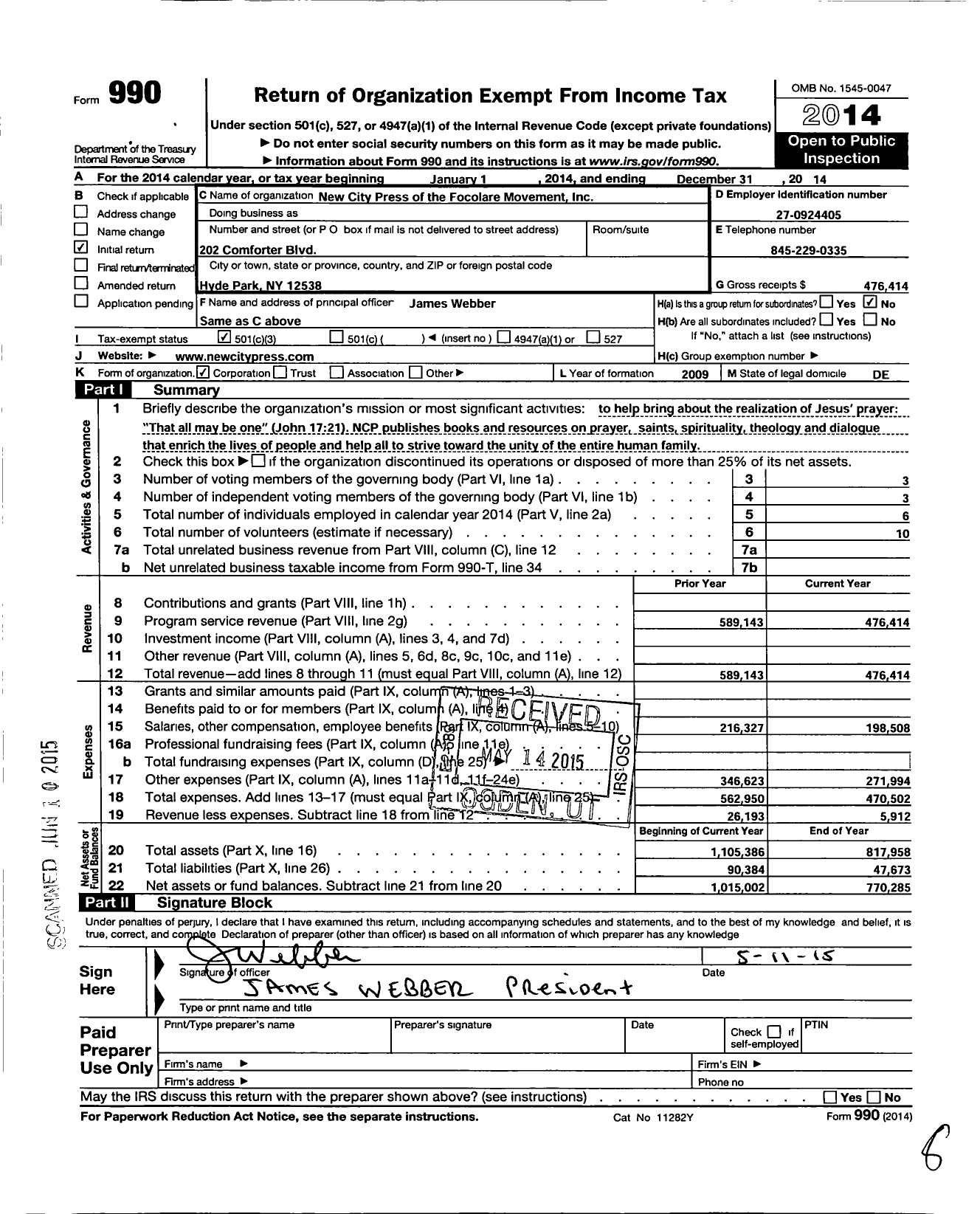 Image of first page of 2014 Form 990 for Focolare Media