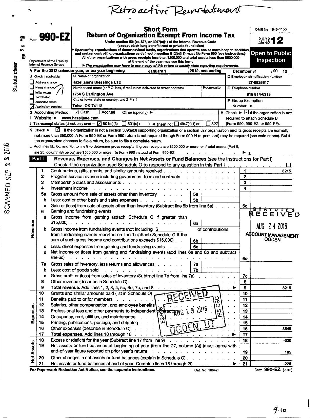 Image of first page of 2012 Form 990EZ for Hazeljanes Blessings