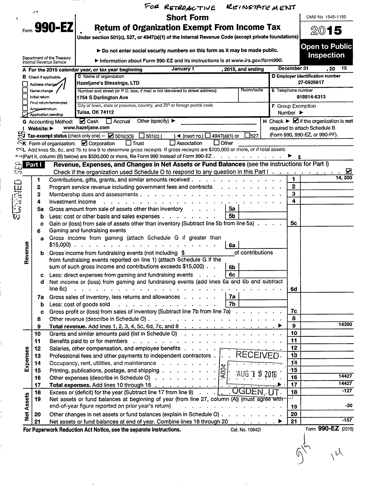 Image of first page of 2015 Form 990EZ for Hazeljanes Blessings