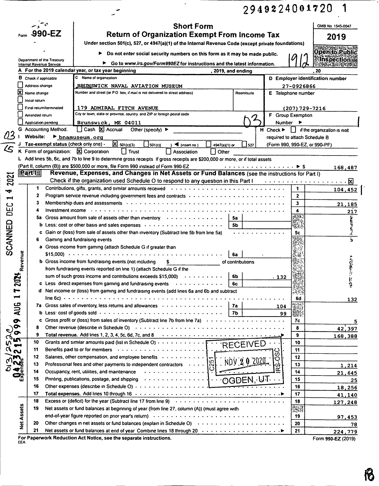 Image of first page of 2019 Form 990EZ for Brunswick Naval Aviation Museum