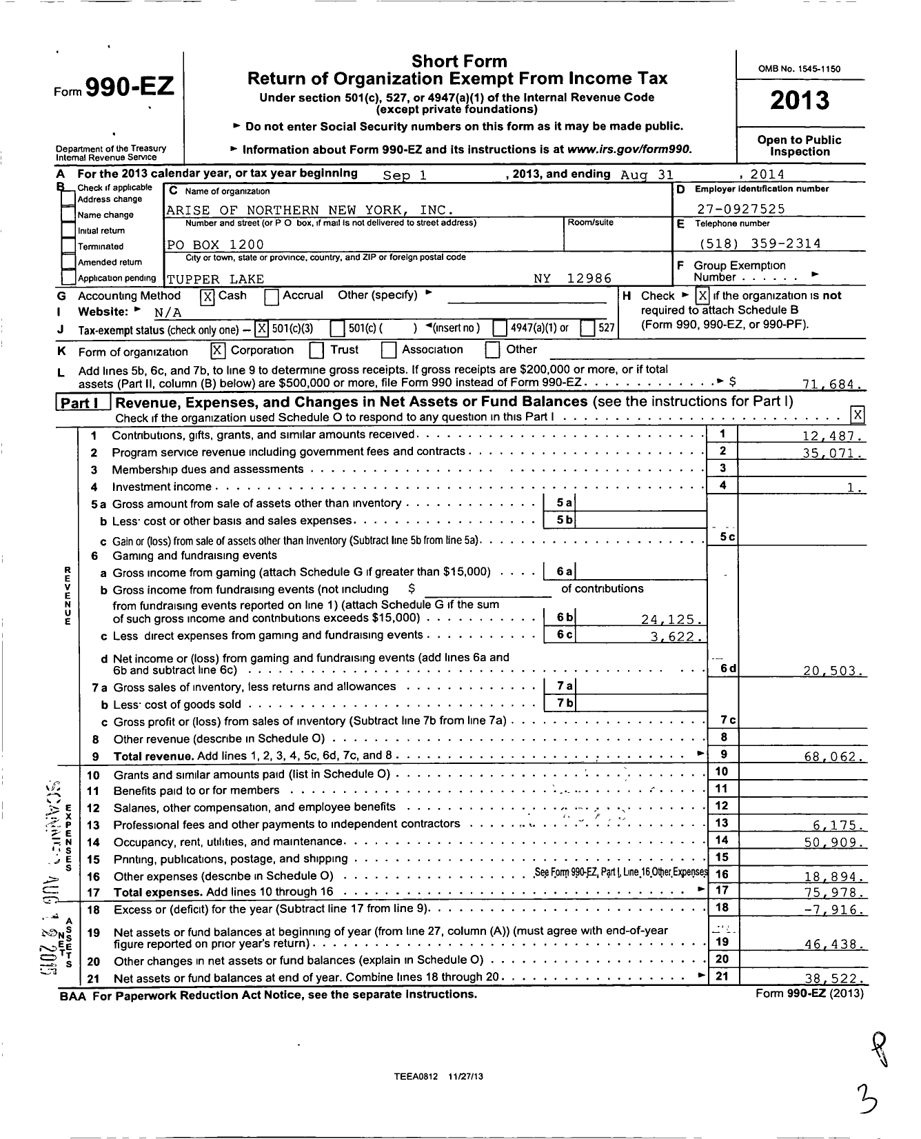 Image of first page of 2013 Form 990EZ for Arise of Northern New York