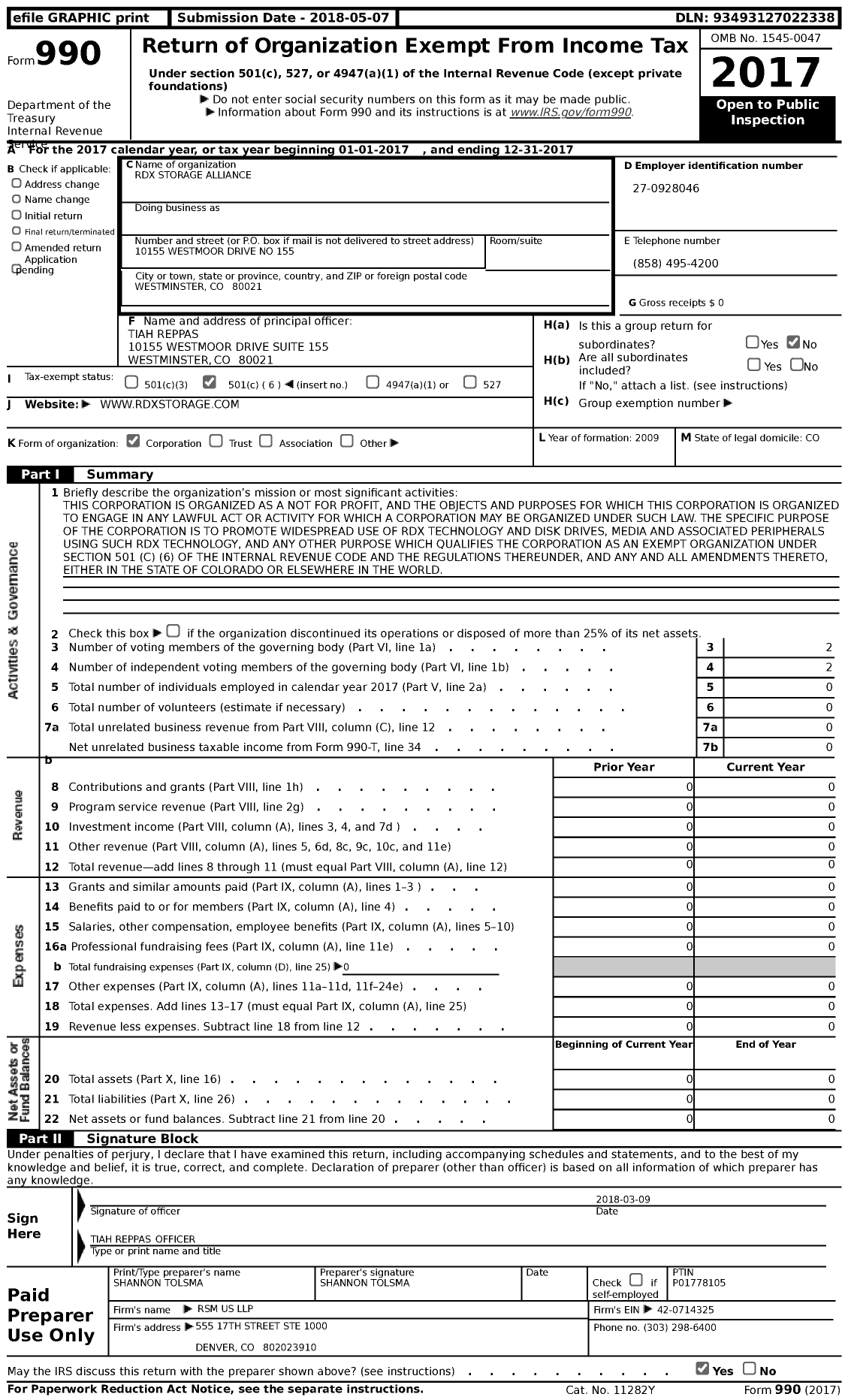 Image of first page of 2017 Form 990 for RDX Storage Alliance