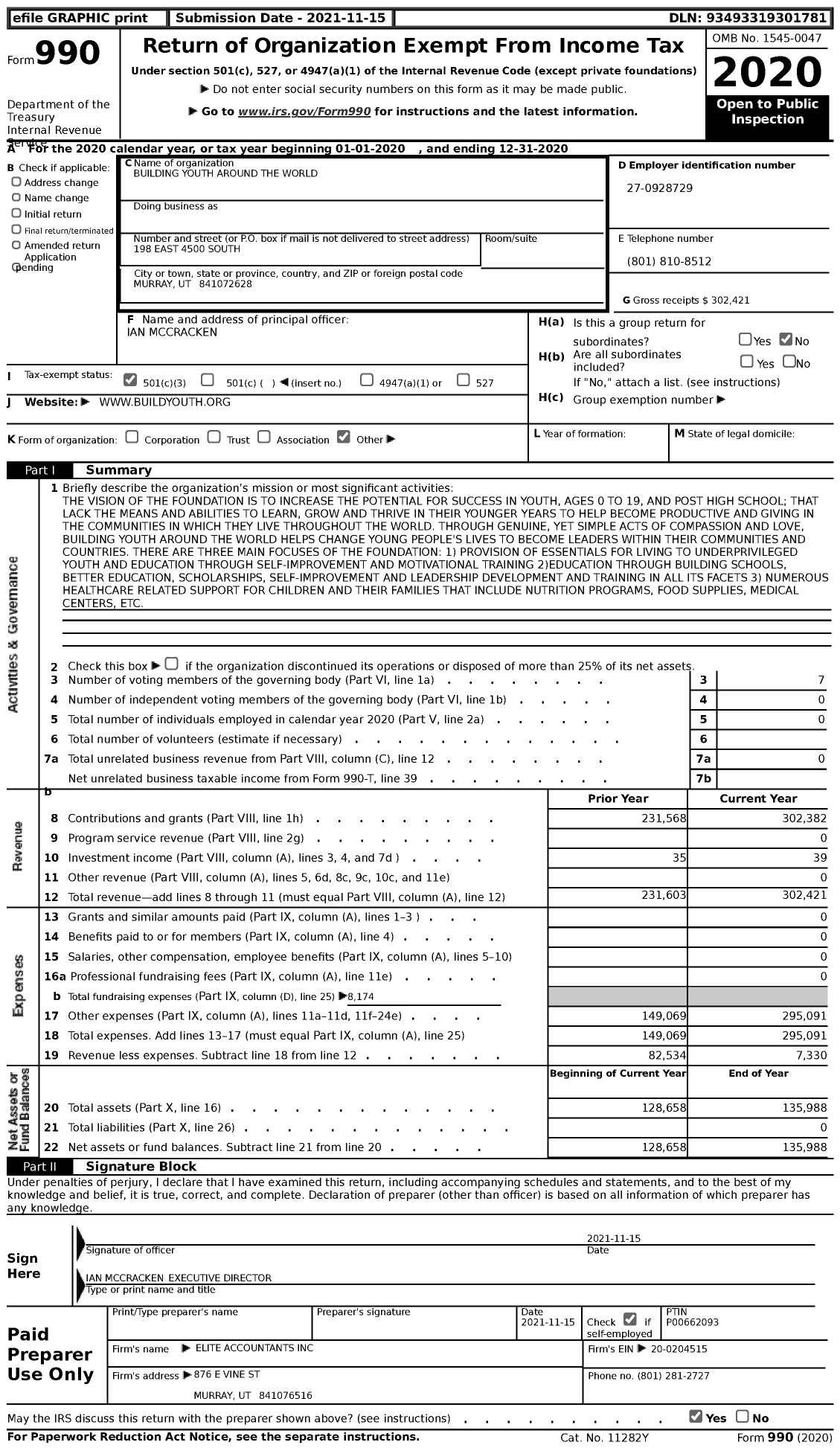 Image of first page of 2020 Form 990 for Building Youth Around the World