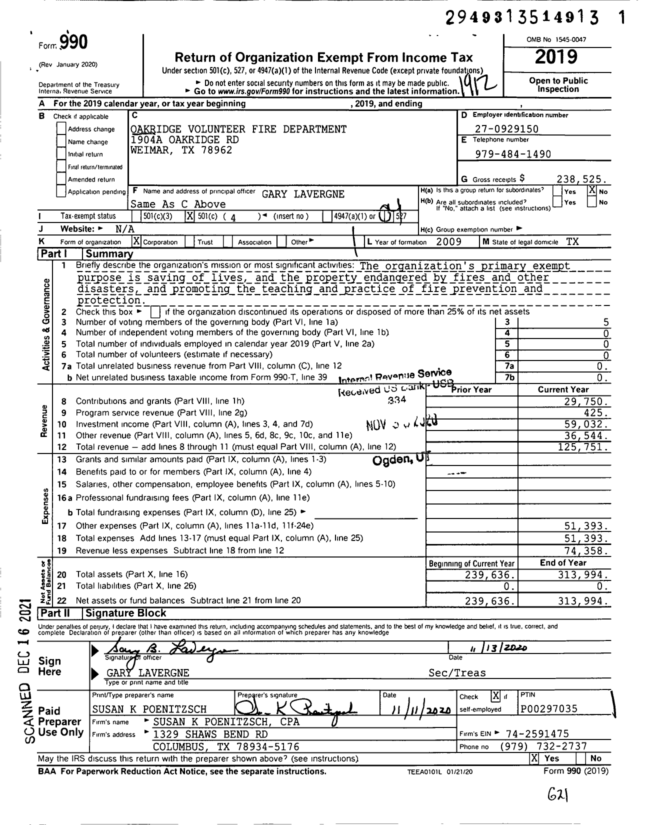 Image of first page of 2019 Form 990O for Oakridge Volunteer Fire Department