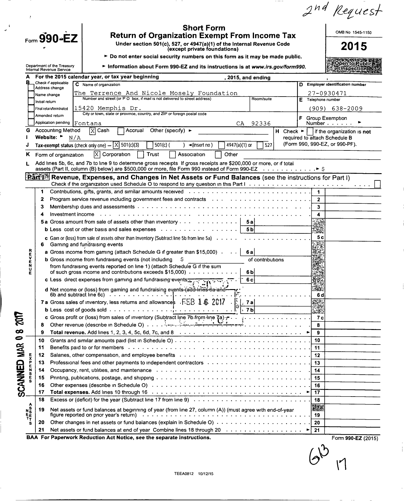 Image of first page of 2015 Form 990EZ for Terrence And Nicole Mosely Foundation