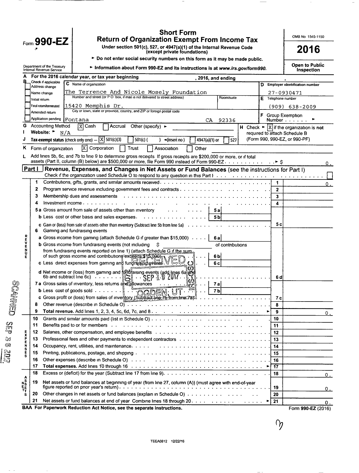 Image of first page of 2016 Form 990EZ for Terrence And Nicole Mosely Foundation