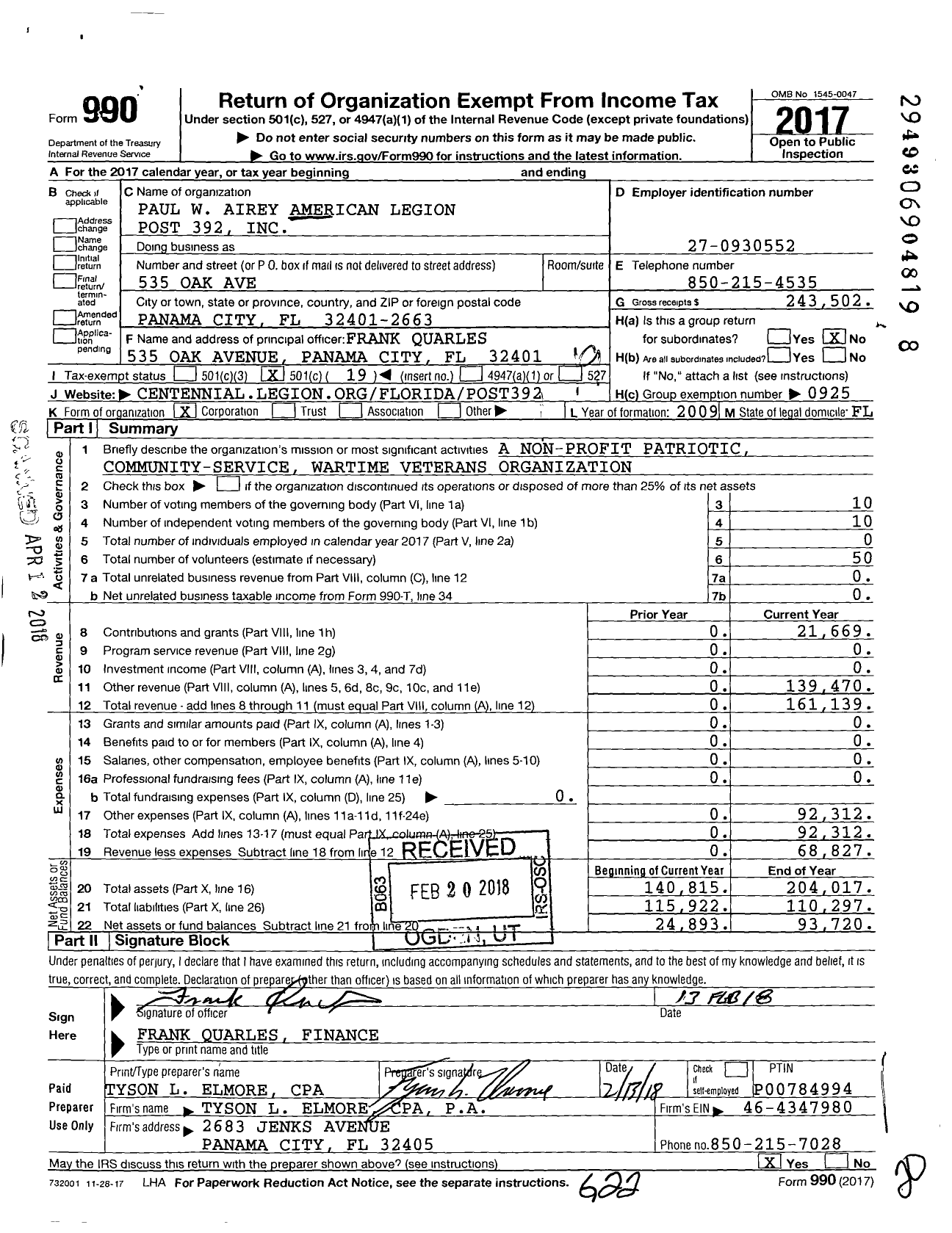 Image of first page of 2017 Form 990O for American Legion - Paul W Airey American Legion Post 392