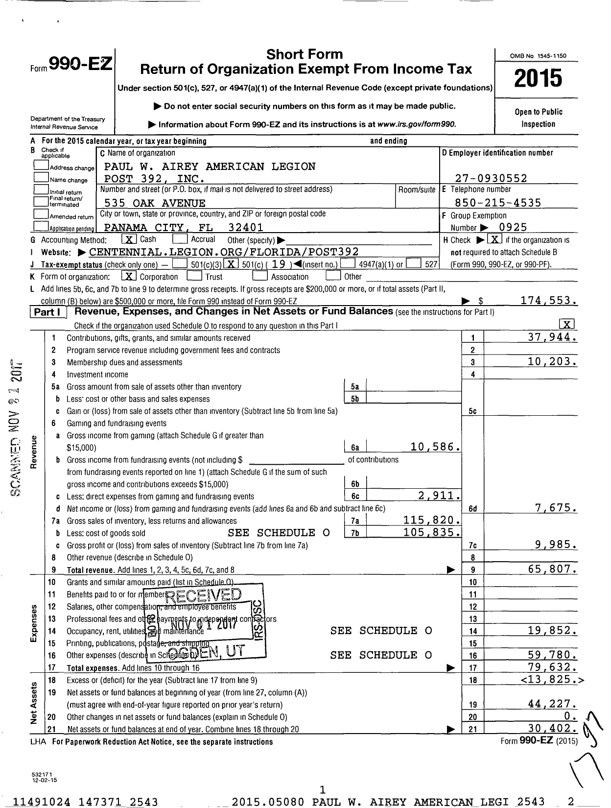 Image of first page of 2015 Form 990EO for American Legion - Paul W Airey American Legion Post 392