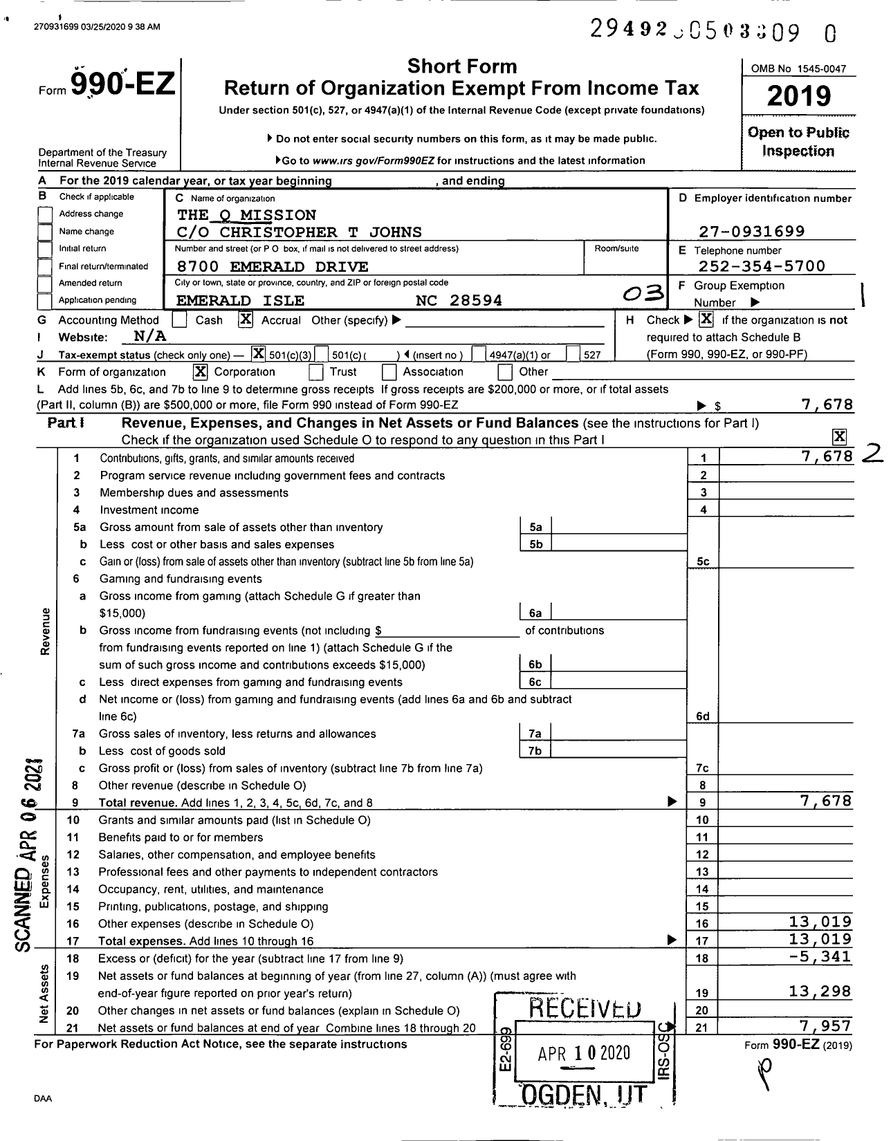 Image of first page of 2019 Form 990EZ for The Q Mission