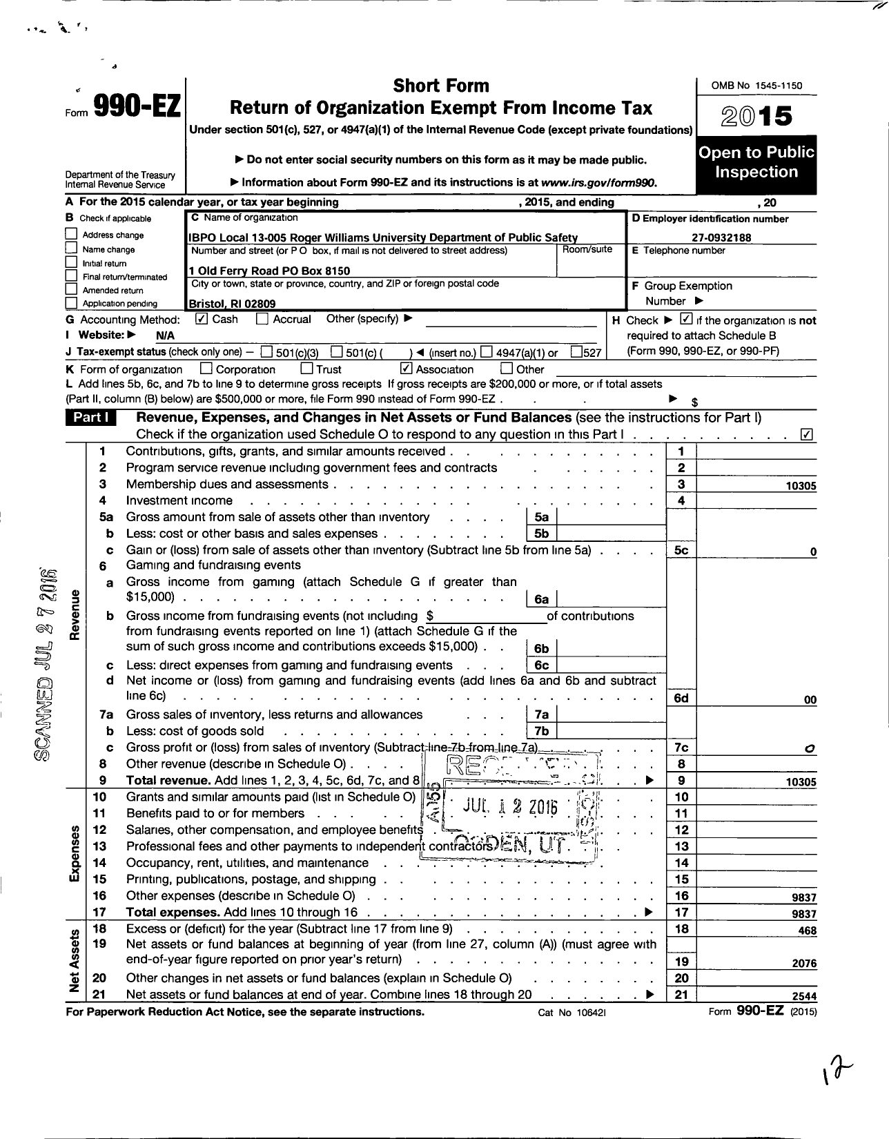 Image of first page of 2015 Form 990EO for National Association of Government Employees / 13-005-ibop Roger Williams U Public