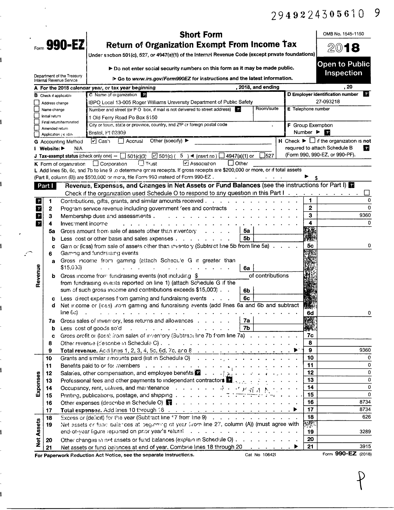 Image of first page of 2018 Form 990EO for National Association of Government Employees / 13-005-ibop Roger Williams U Public