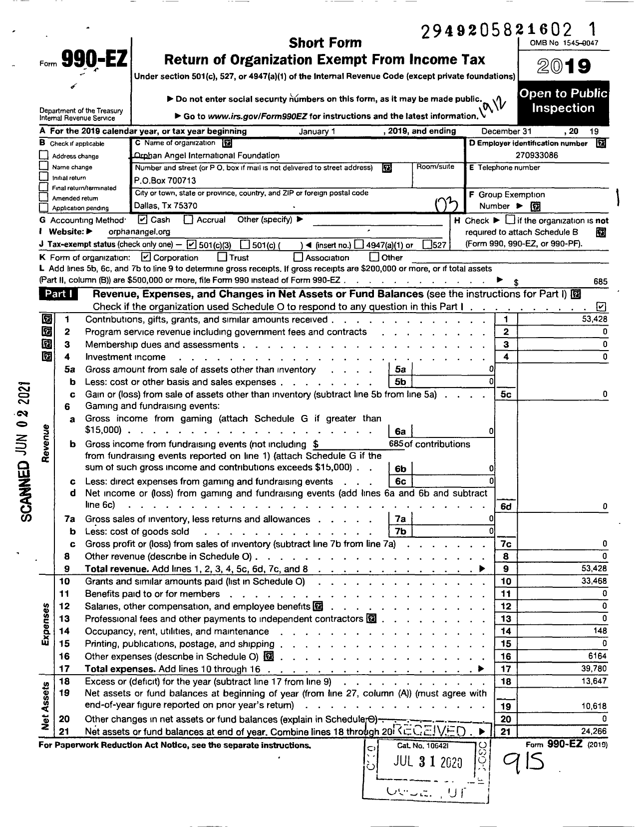 Image of first page of 2019 Form 990EZ for Orphan Angel International Foundation