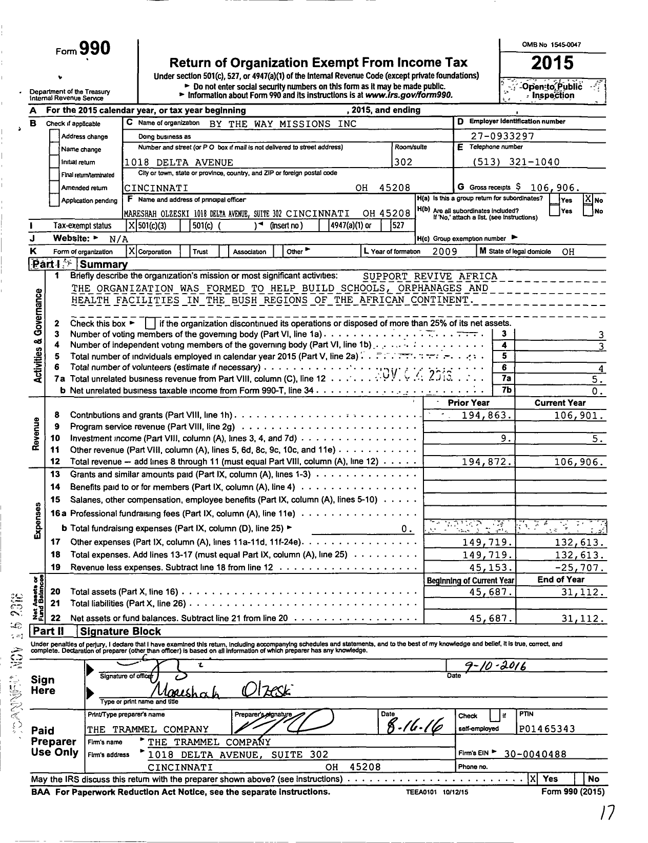 Image of first page of 2015 Form 990 for By the Way Missions