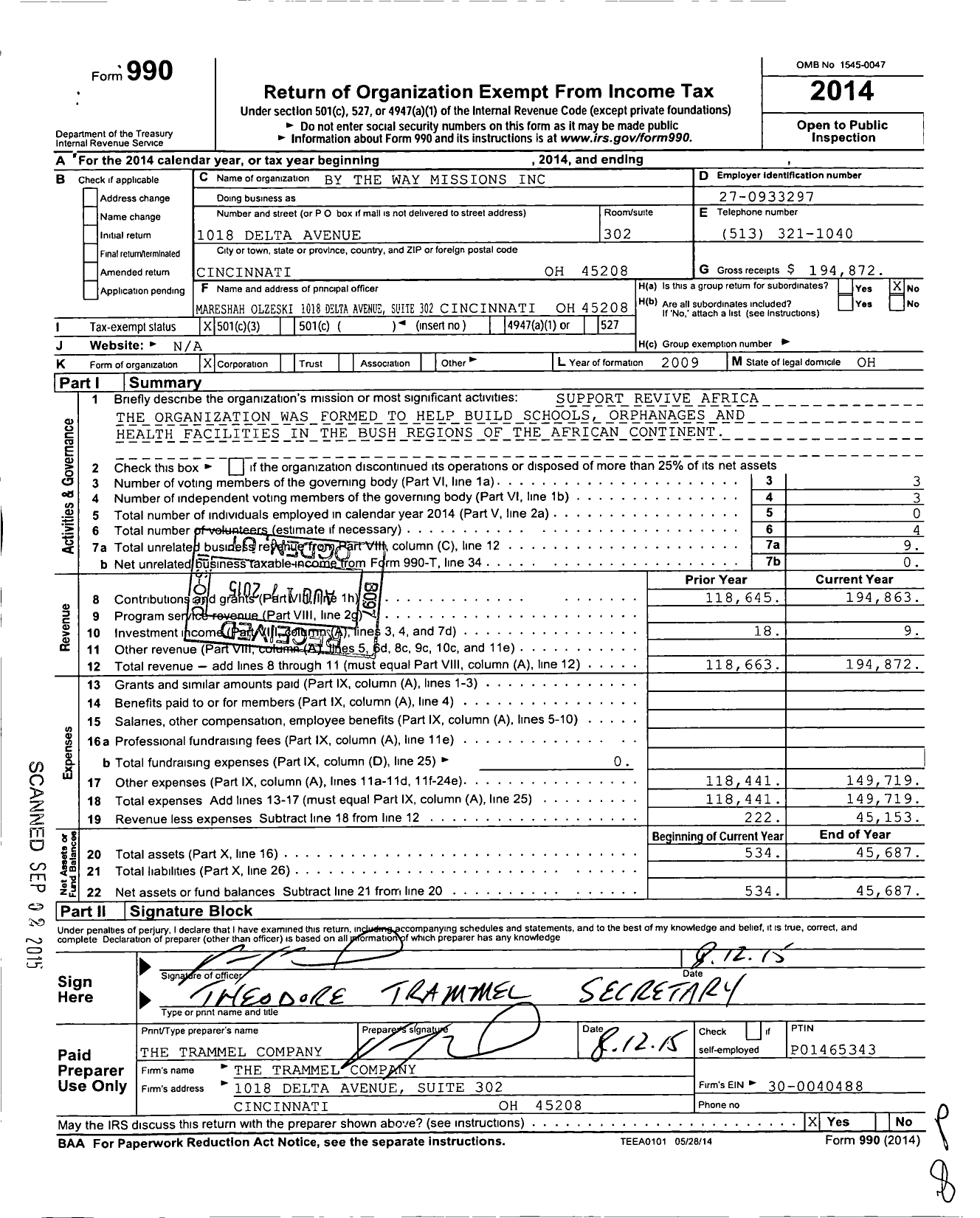 Image of first page of 2014 Form 990 for By the Way Missions