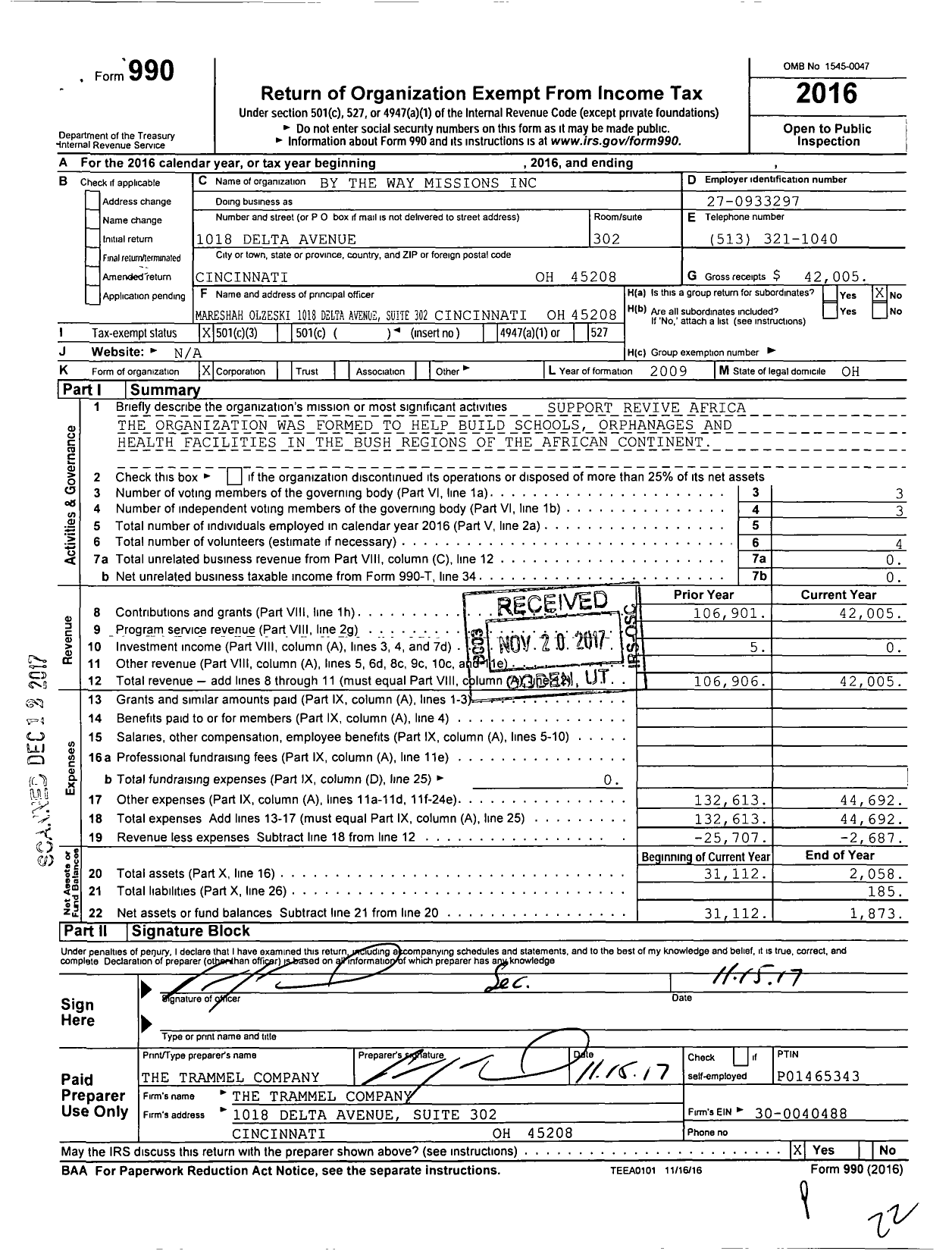 Image of first page of 2016 Form 990 for By the Way Missions