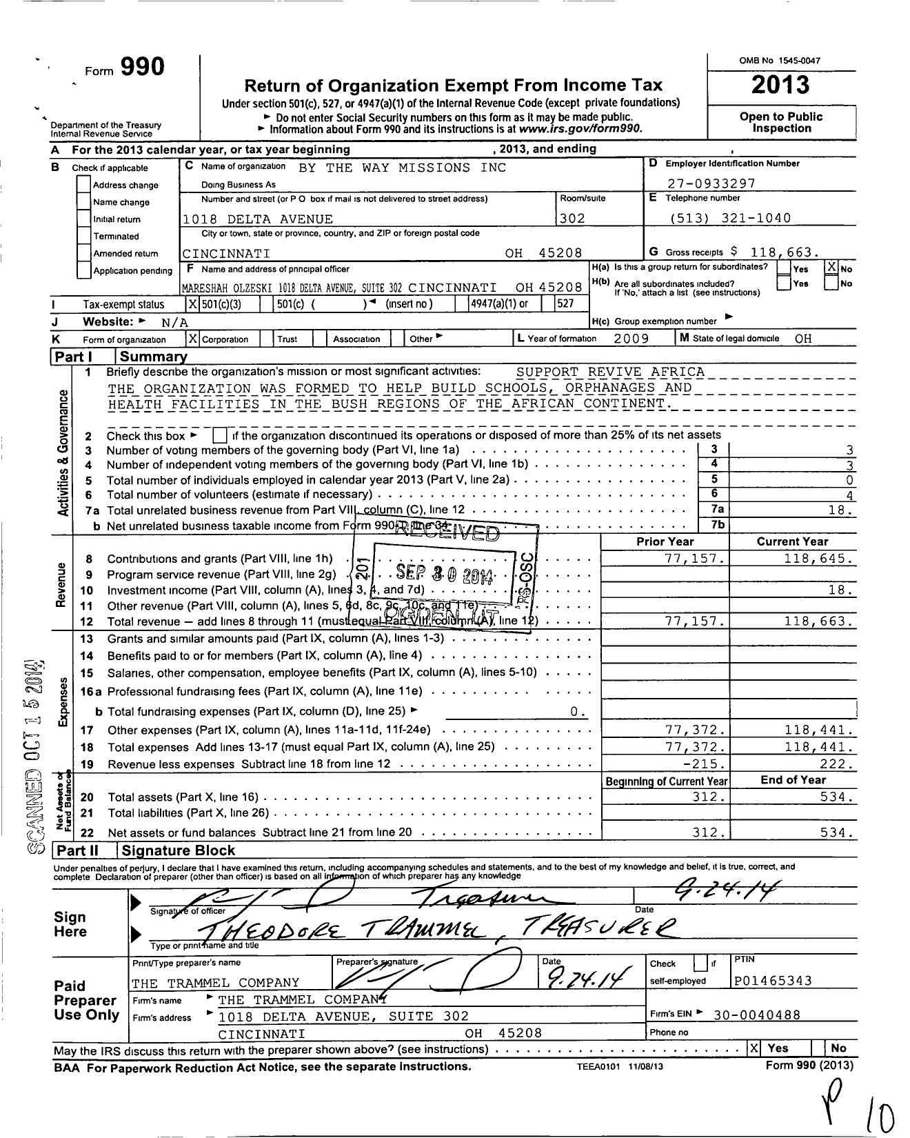 Image of first page of 2013 Form 990 for By the Way Missions