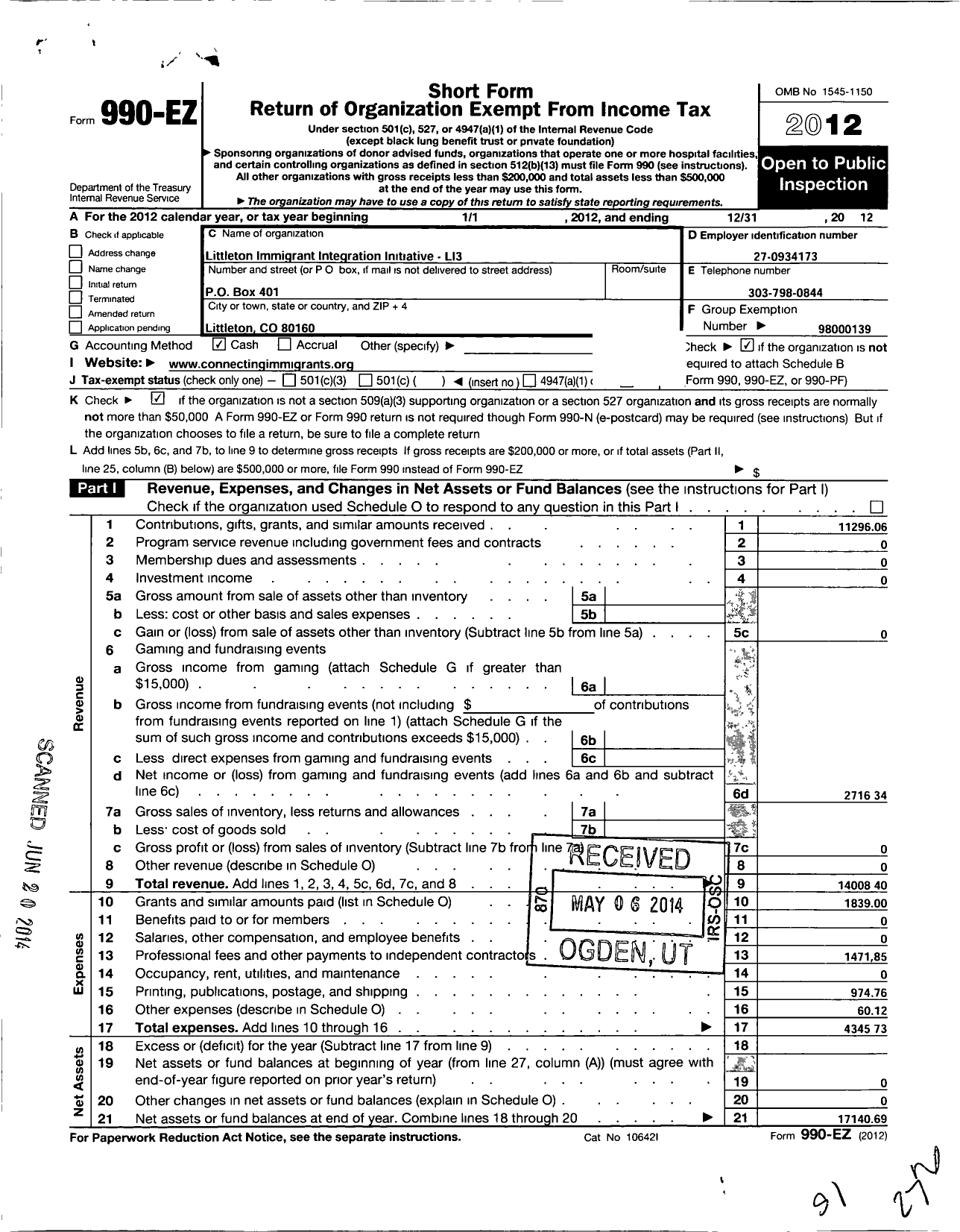 Image of first page of 2012 Form 990EO for Immigrant Pathways Colorado