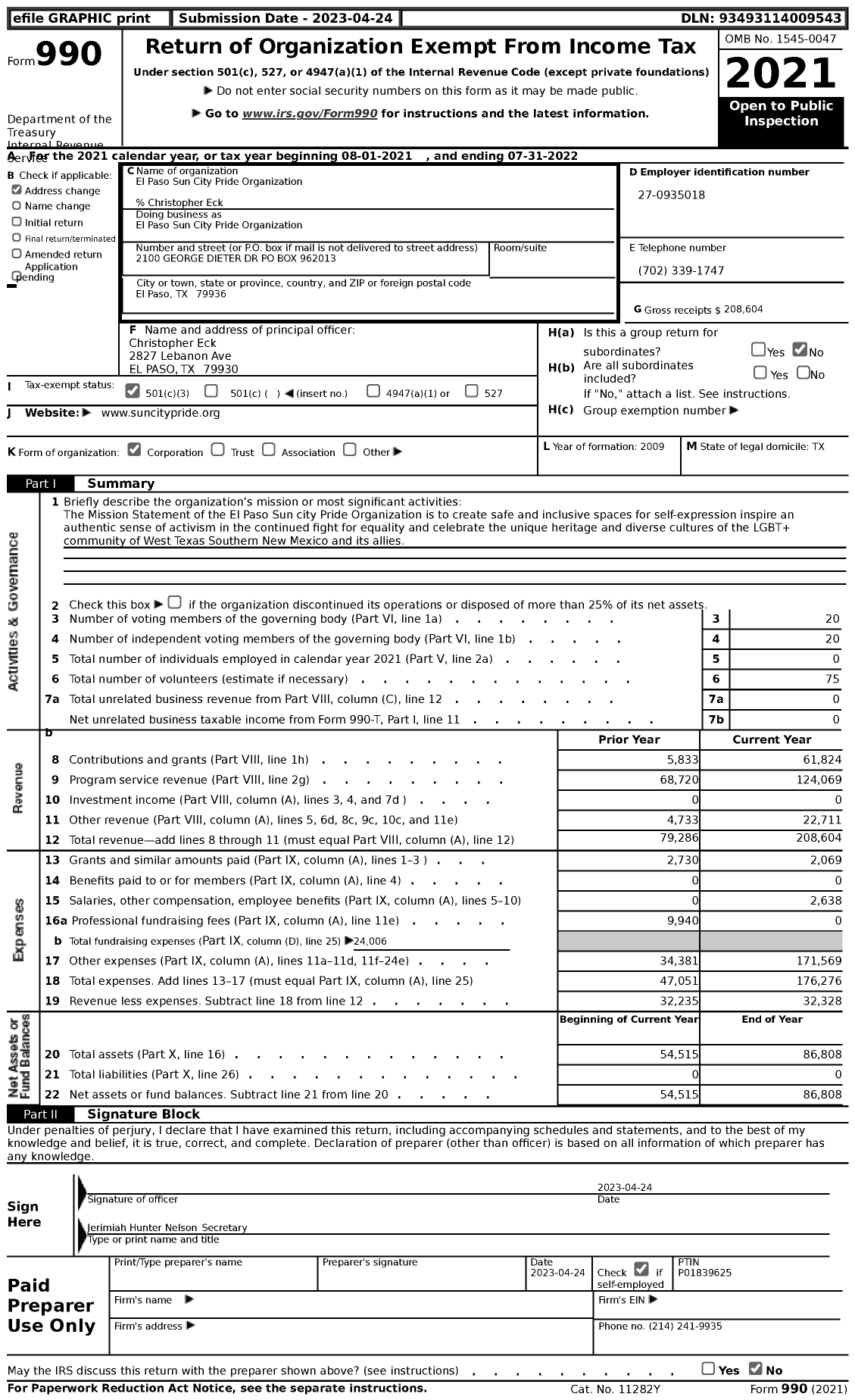 Image of first page of 2021 Form 990 for El Paso Sun City Pride Organization (EPSCP)