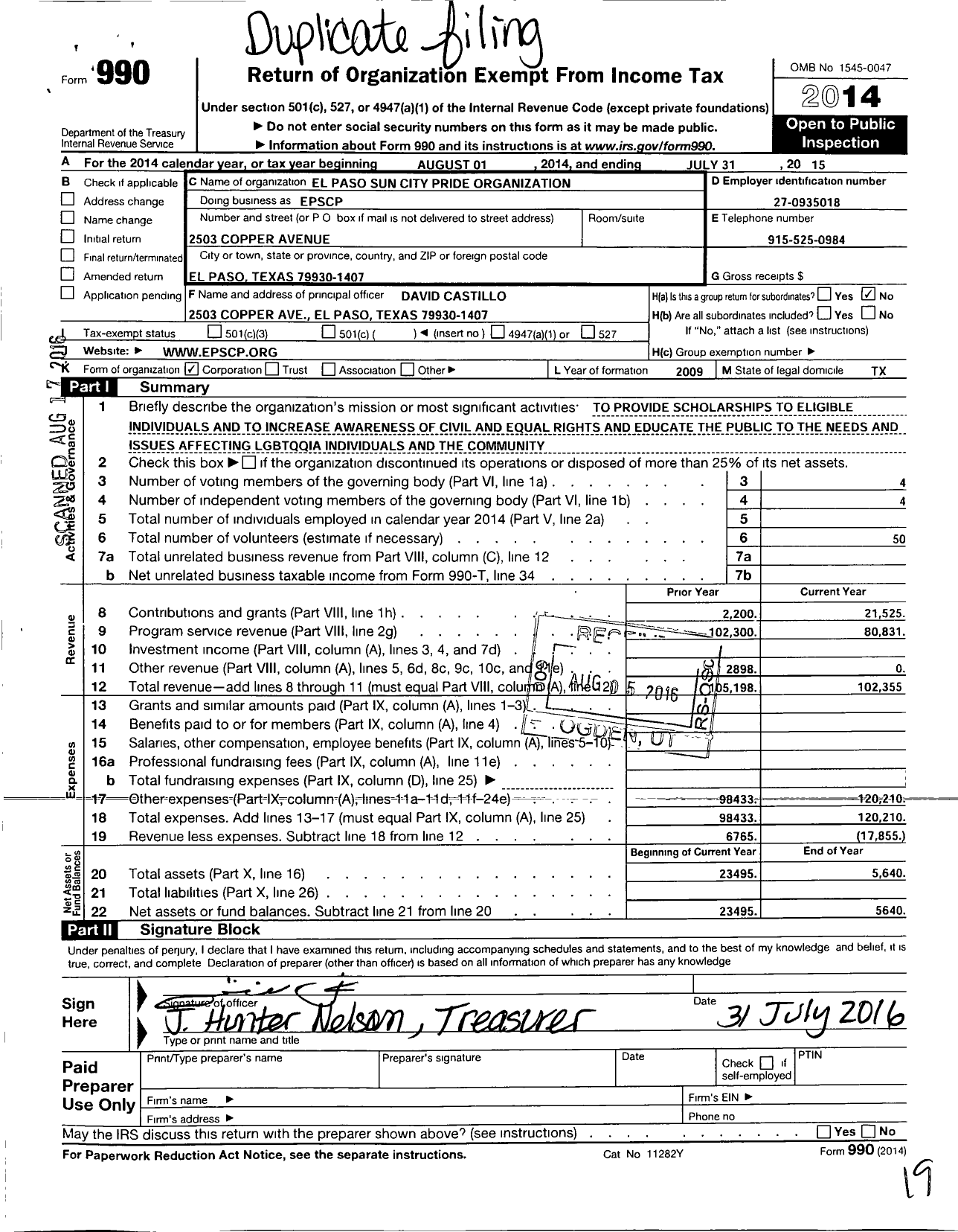 Image of first page of 2014 Form 990O for El Paso Sun City Pride Organization (EPSCP)