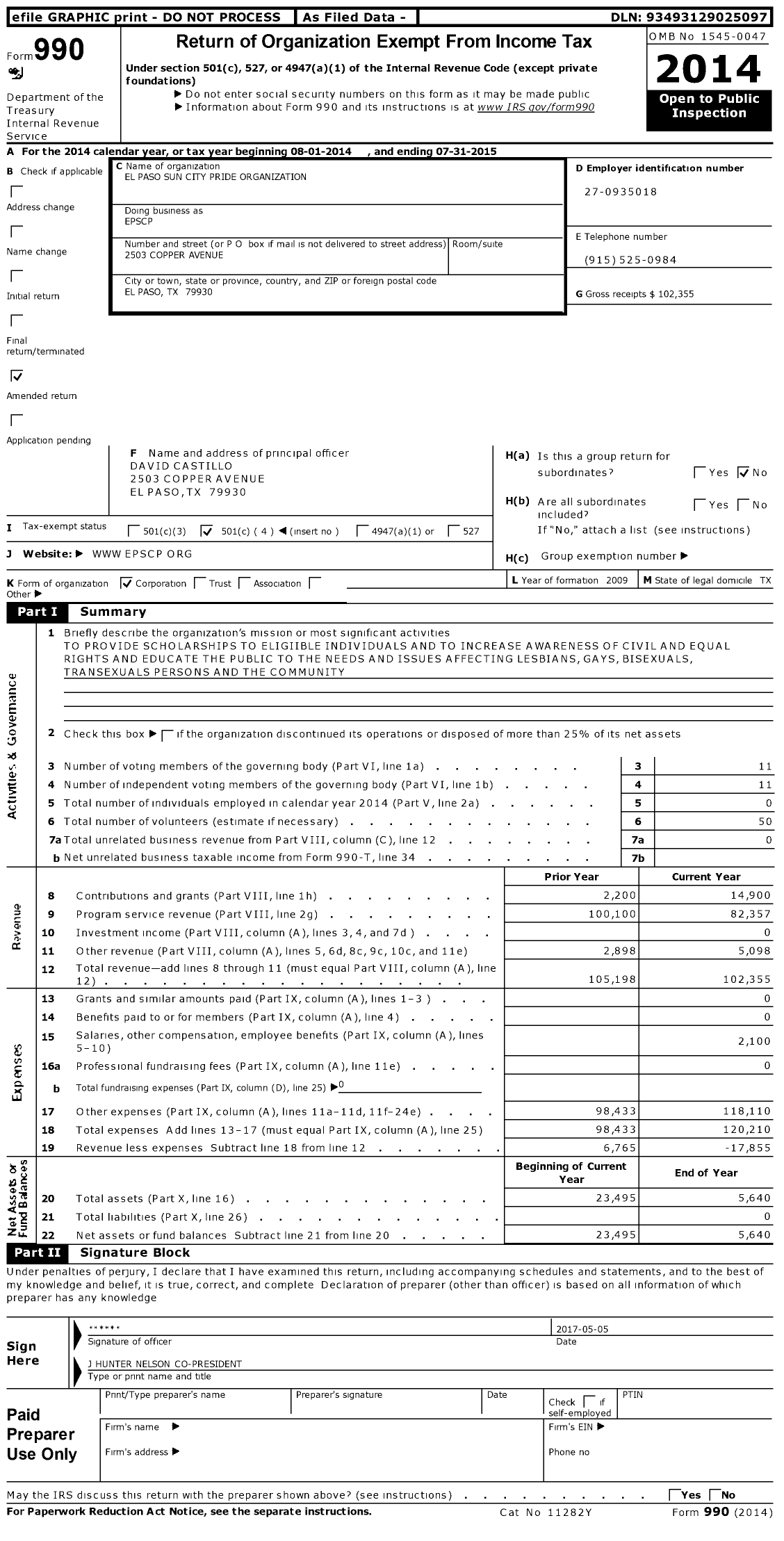 Image of first page of 2014 Form 990O for El Paso Sun City Pride Organization (EPSCP)