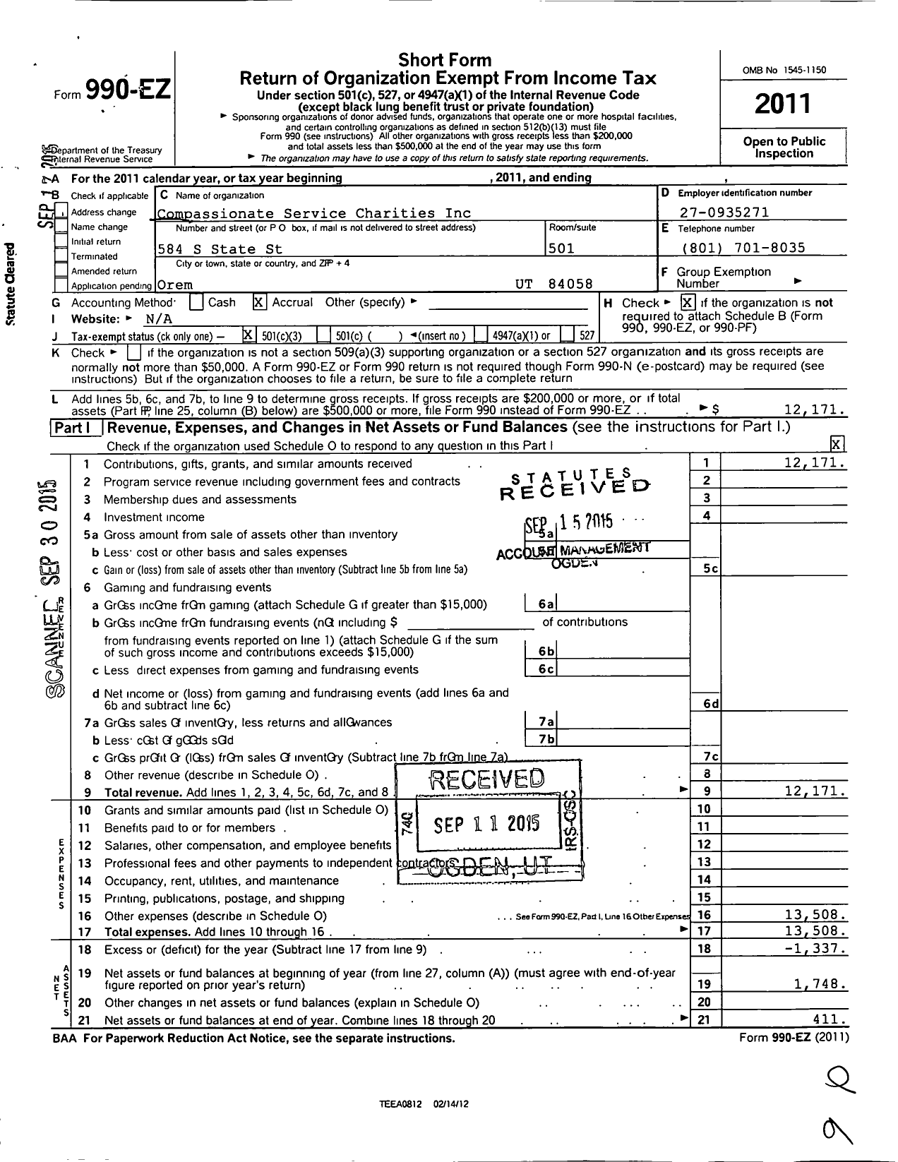 Image of first page of 2011 Form 990EZ for Compassionate Service Charities