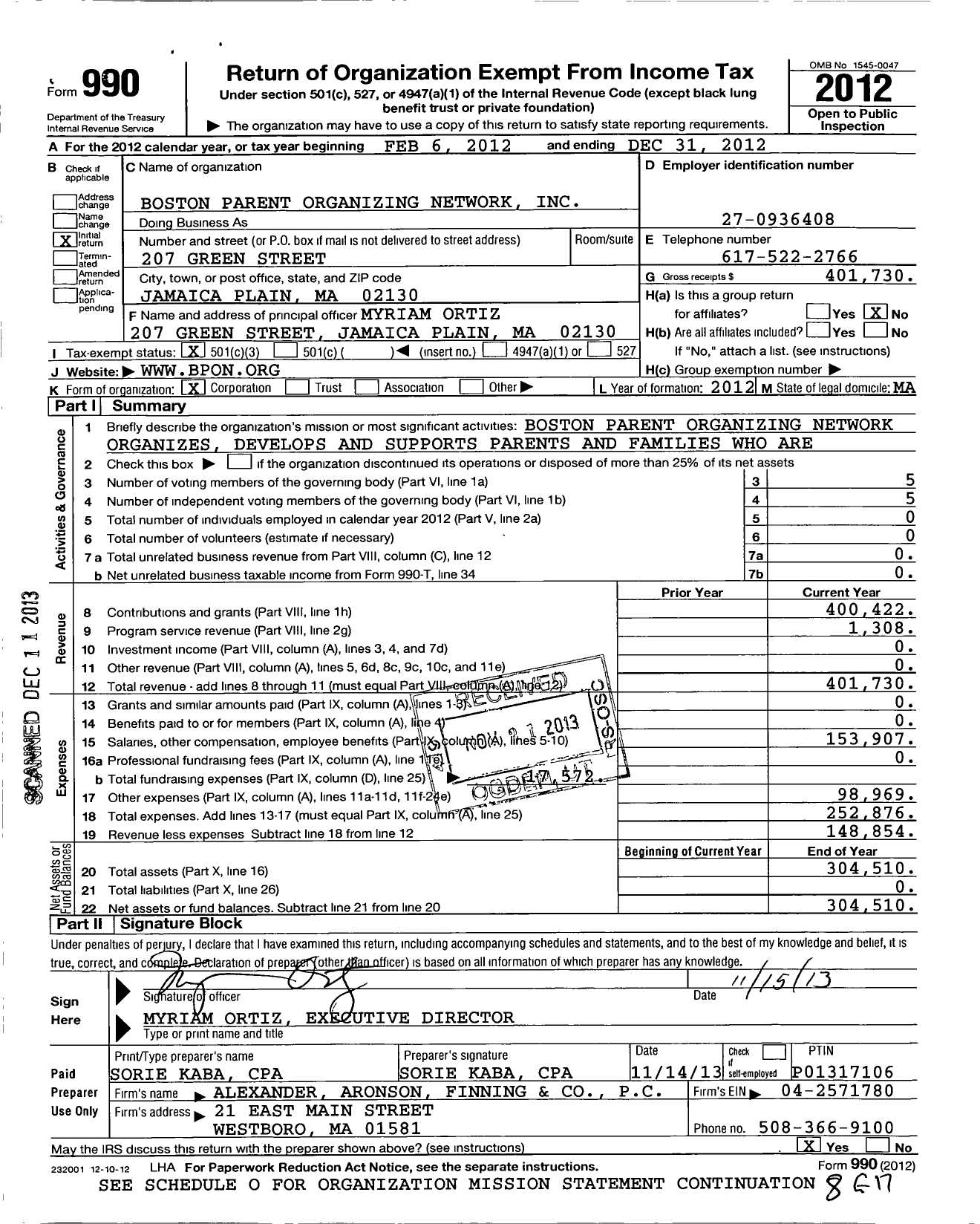 Image of first page of 2012 Form 990 for Boston Parent Organizing Network