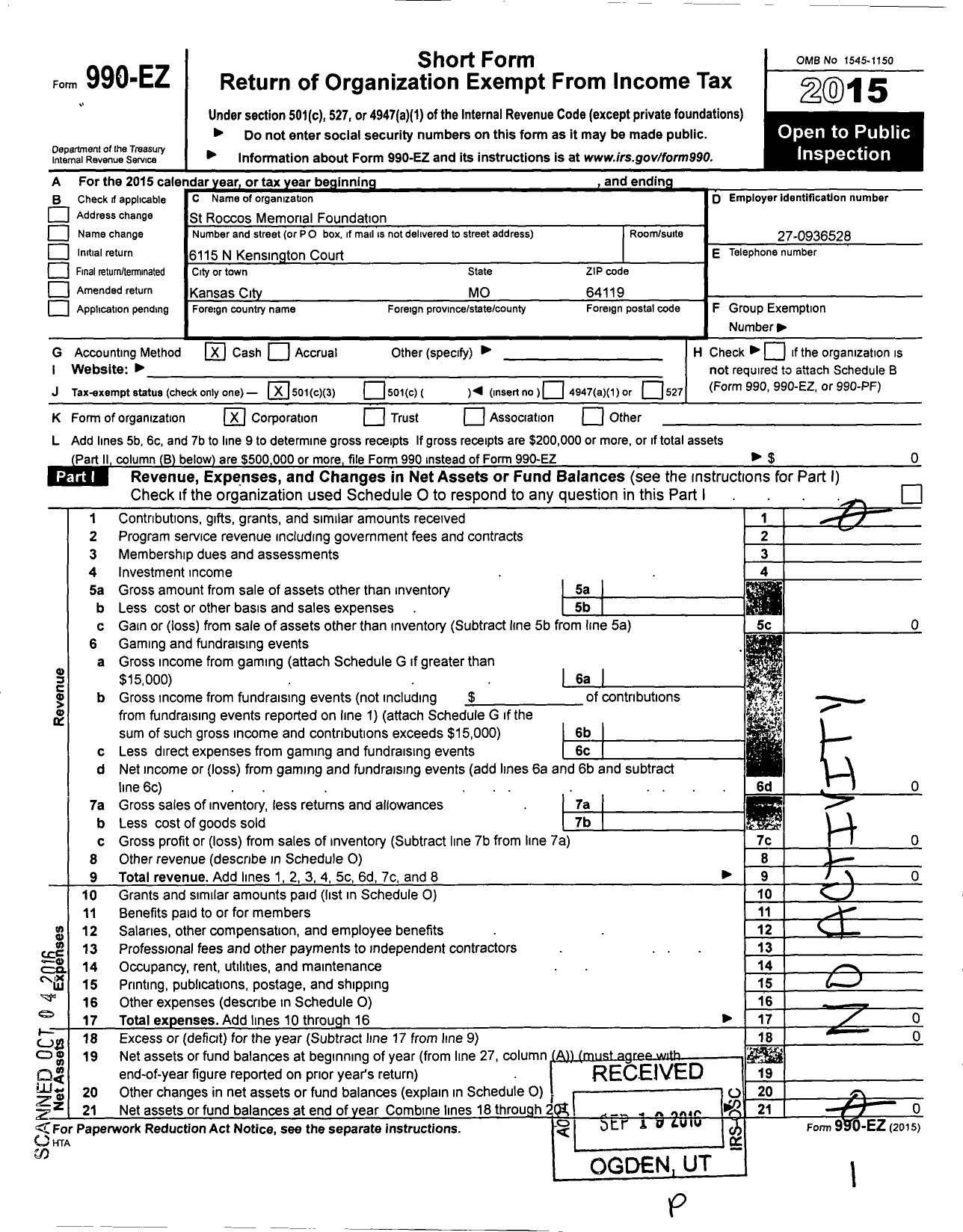 Image of first page of 2015 Form 990EZ for St Roccos Memorial Foundation