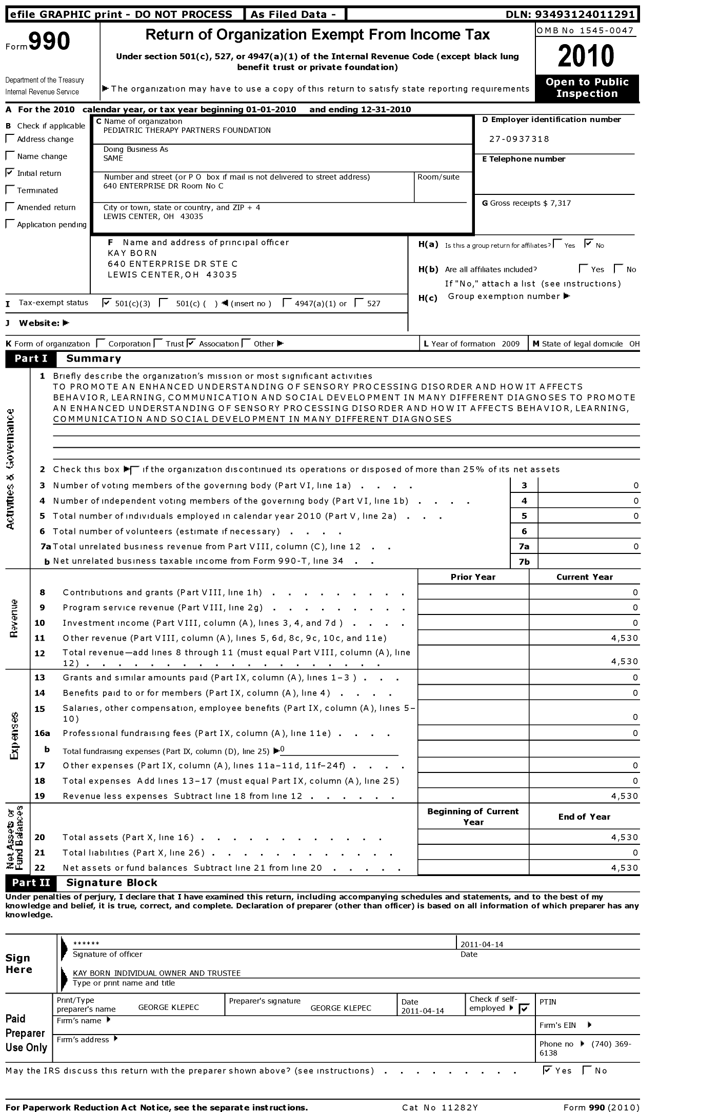 Image of first page of 2010 Form 990 for Pediatric Therapy Partners Foundation