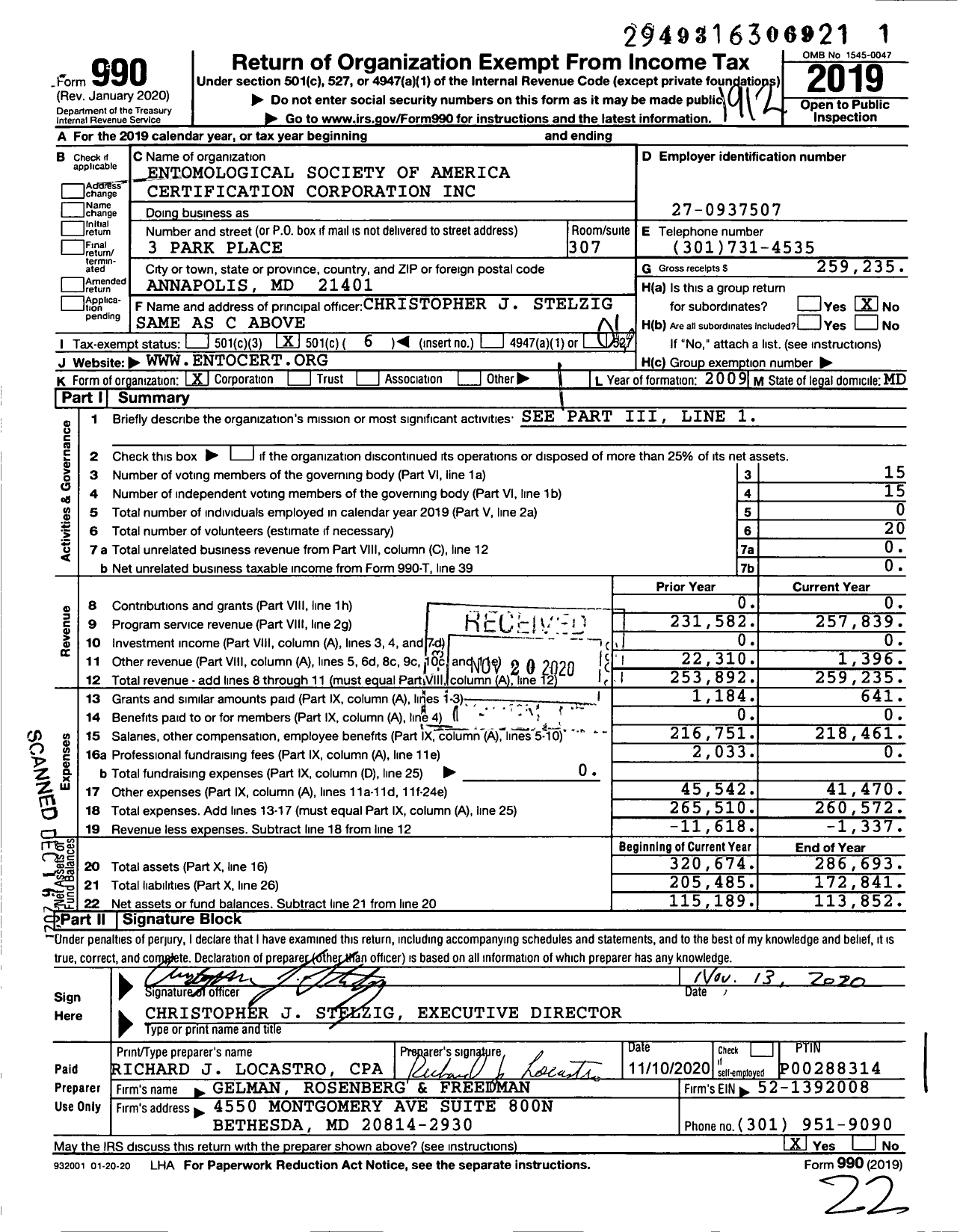 Image of first page of 2019 Form 990O for Entomological Society of America Certification Corporation