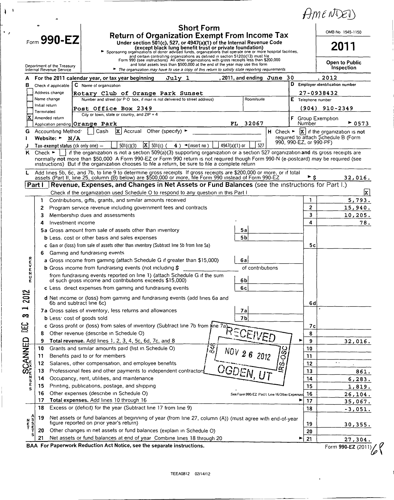 Image of first page of 2011 Form 990EO for Rotary International - Orange Park Sunset FL