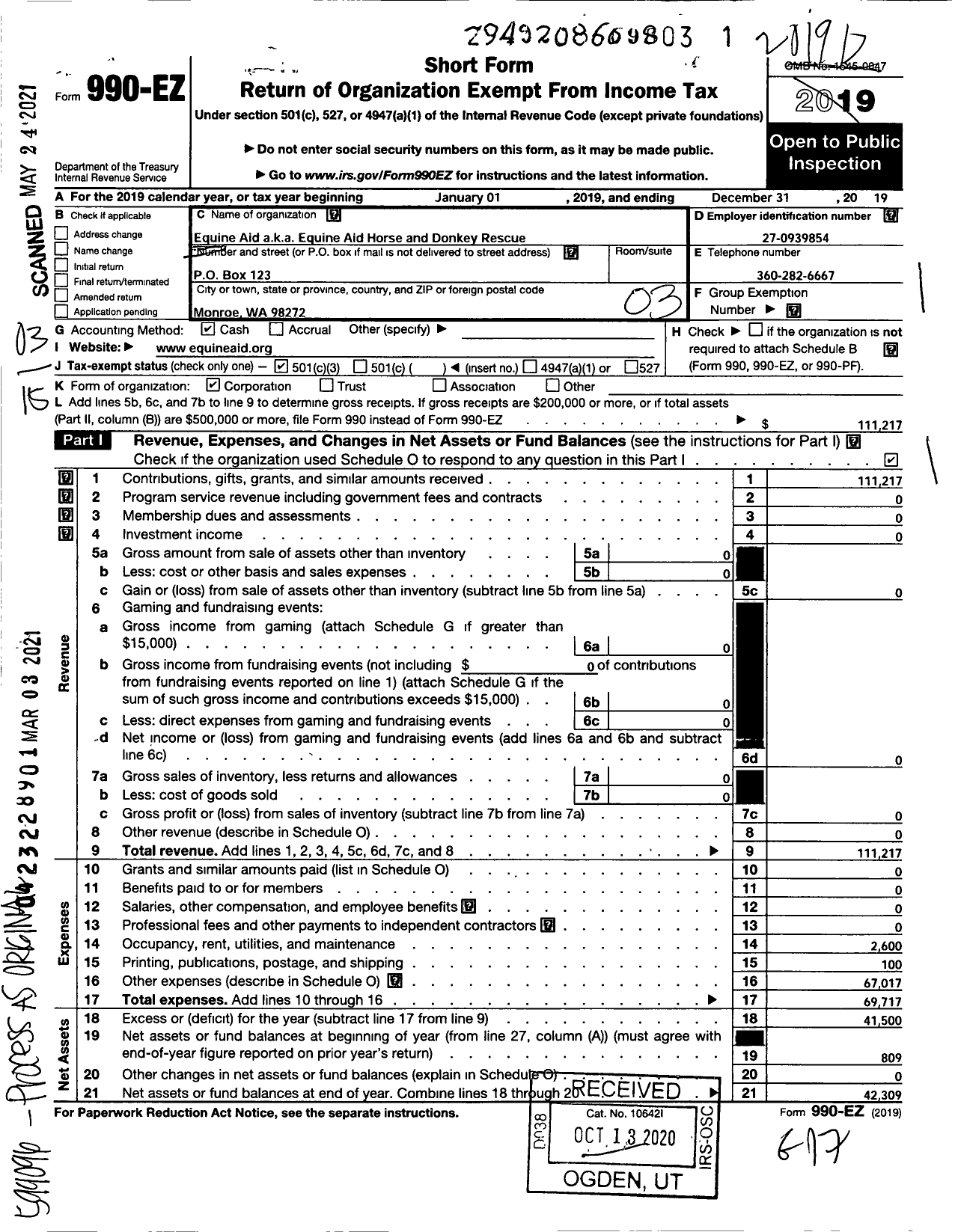 Image of first page of 2019 Form 990EZ for Equine Aid