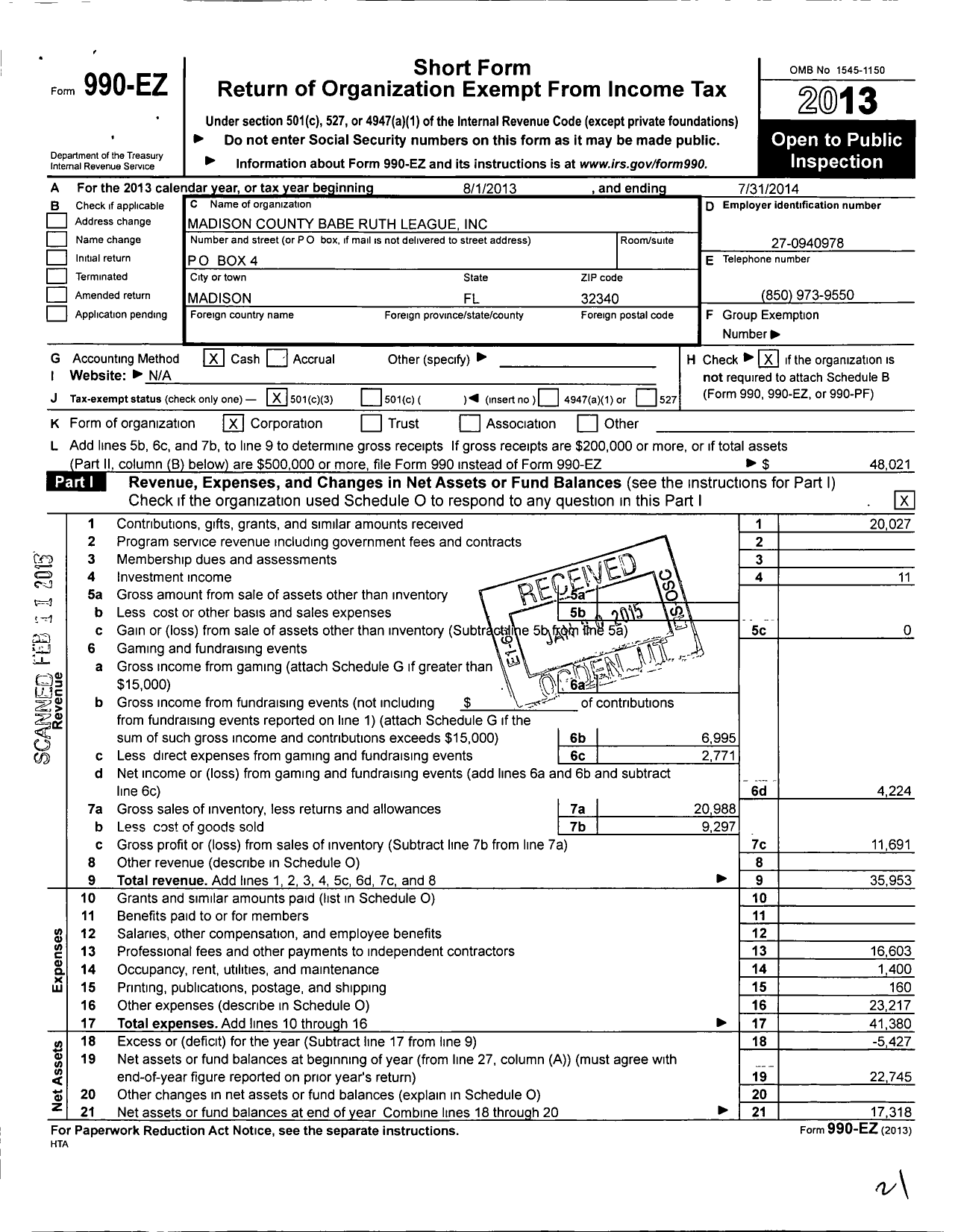 Image of first page of 2013 Form 990EZ for Madison County Babe Ruth League