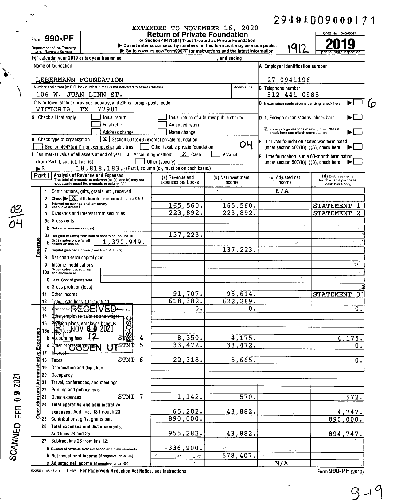 Image of first page of 2019 Form 990PF for Lebermann Foundation