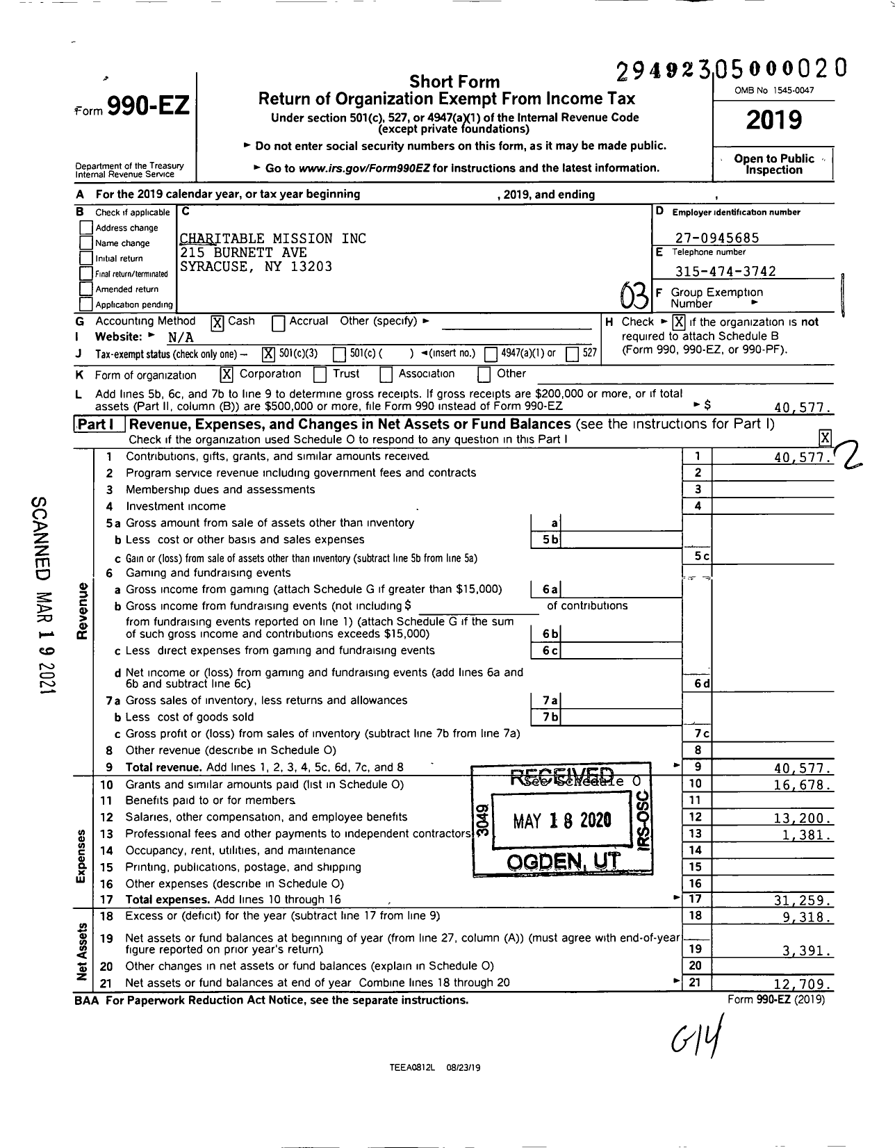 Image of first page of 2019 Form 990EZ for Charitable Mission