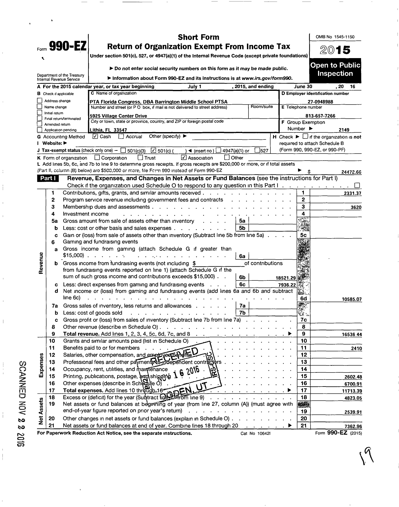 Image of first page of 2015 Form 990EO for PTA Florida Congress - Barrington Middle Ptsa