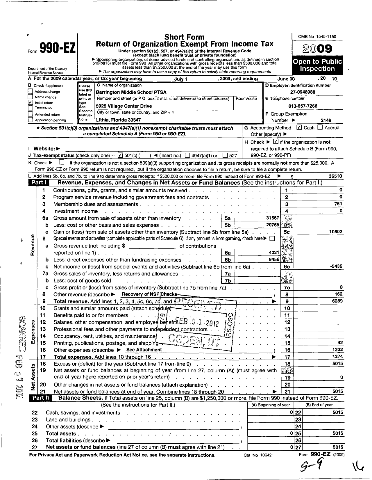 Image of first page of 2009 Form 990EO for PTA Florida Congress - Barrington Middle Ptsa