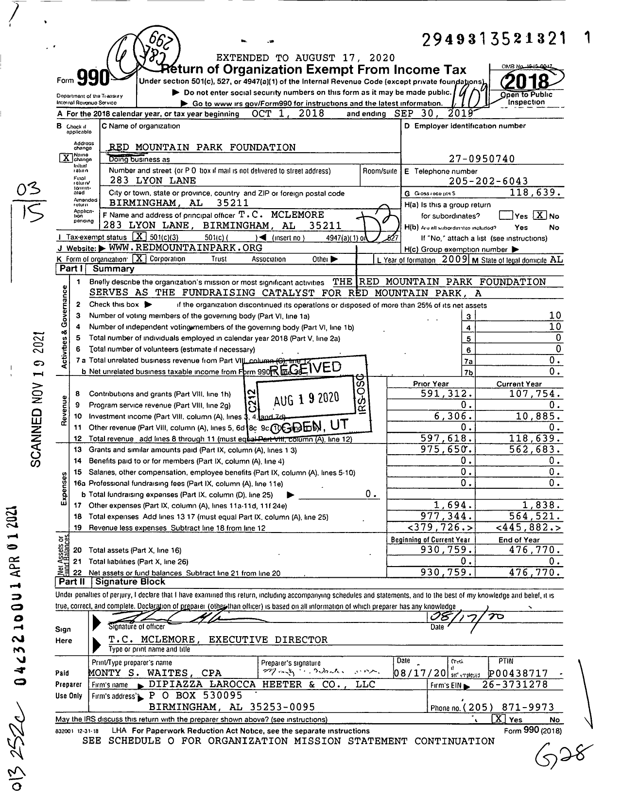 Image of first page of 2018 Form 990 for Red Mountain Park Foundation