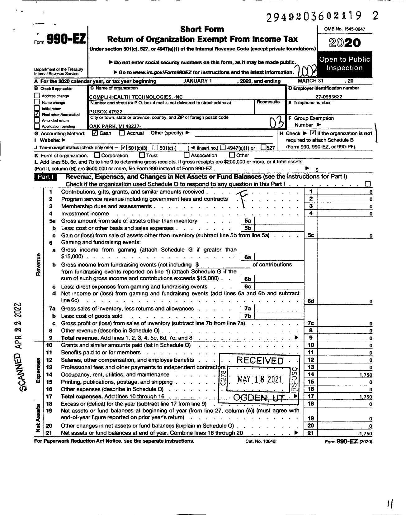 Image of first page of 2019 Form 990EZ for Compli-Health Technologies