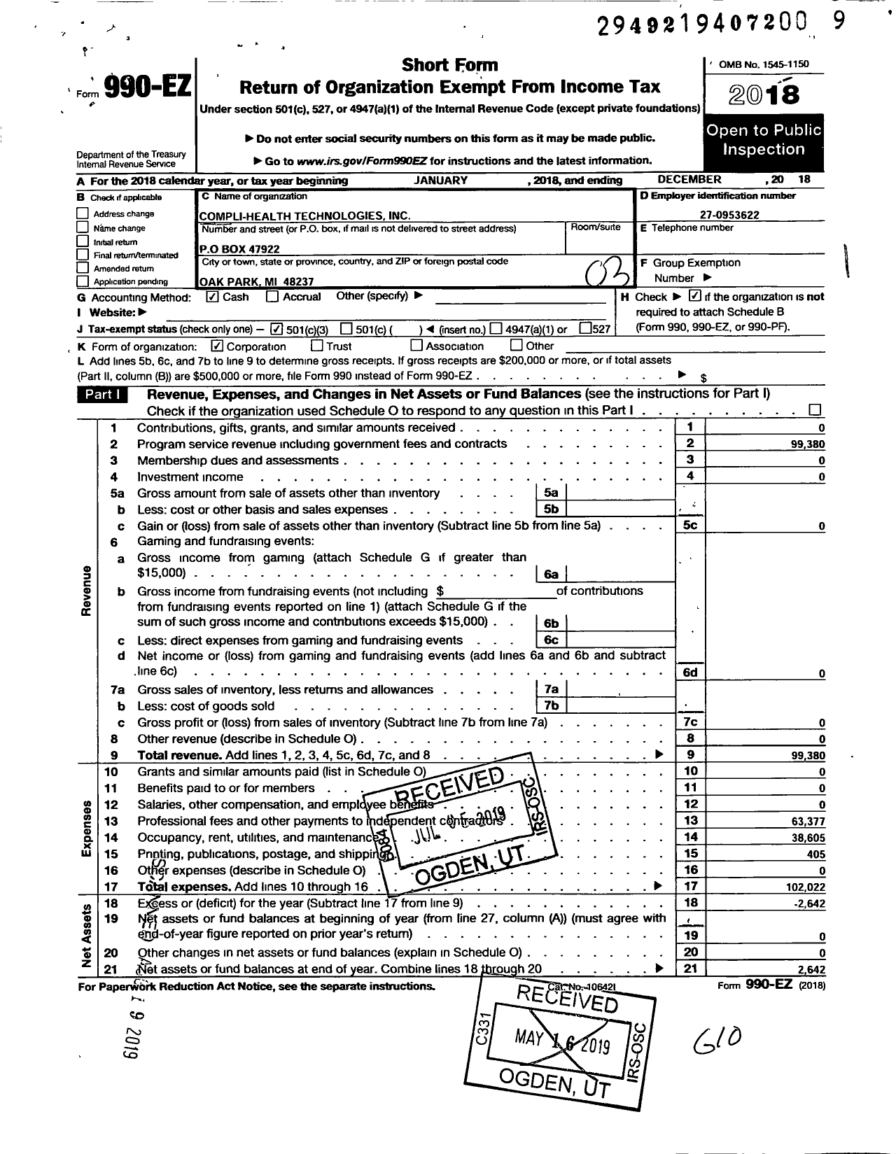 Image of first page of 2018 Form 990EZ for Compli-Health Technologies