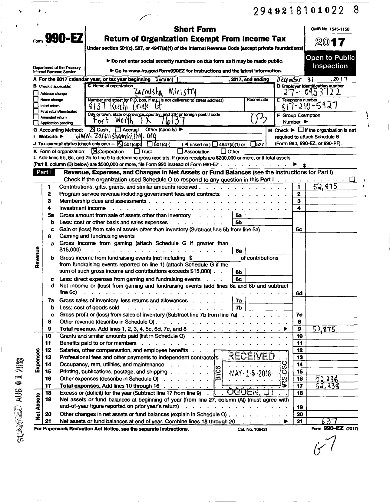 Image of first page of 2017 Form 990EZ for Zarmisha Ministry