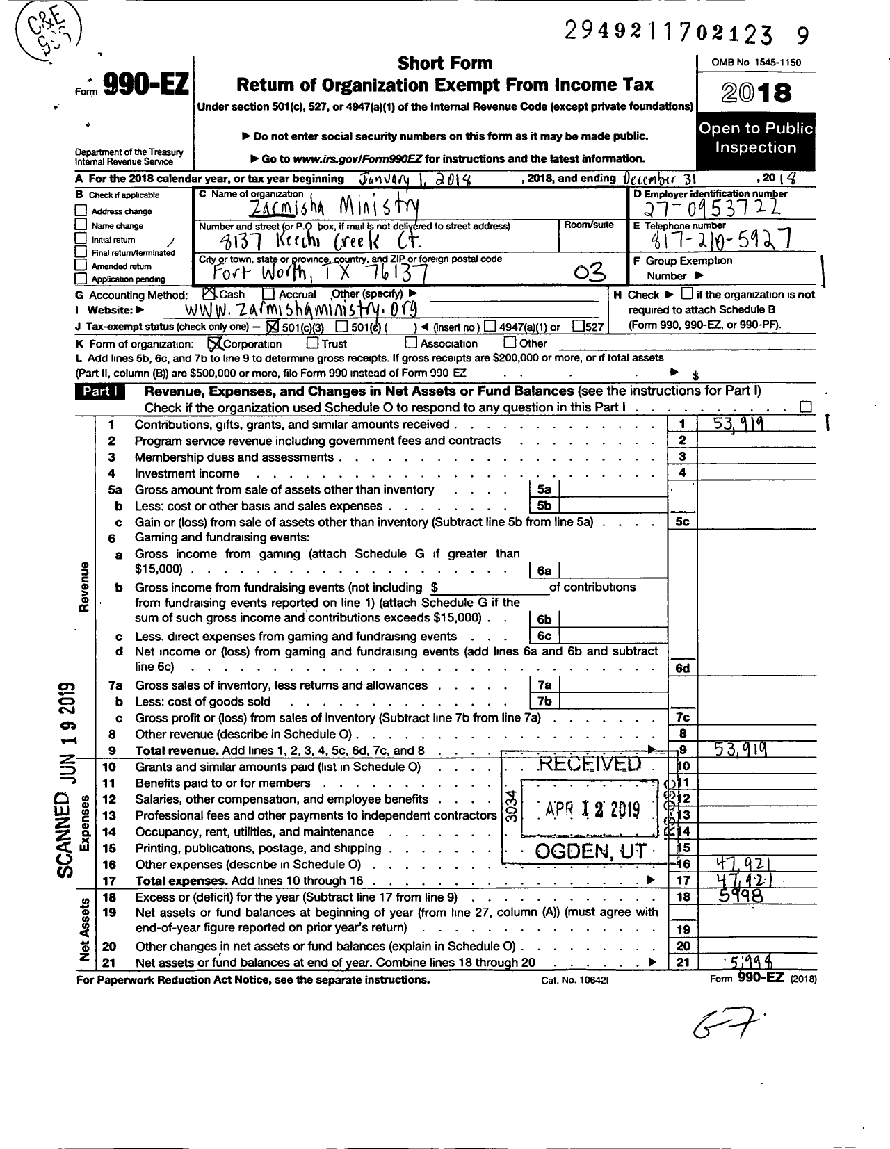 Image of first page of 2018 Form 990EZ for Zarmisha Ministry